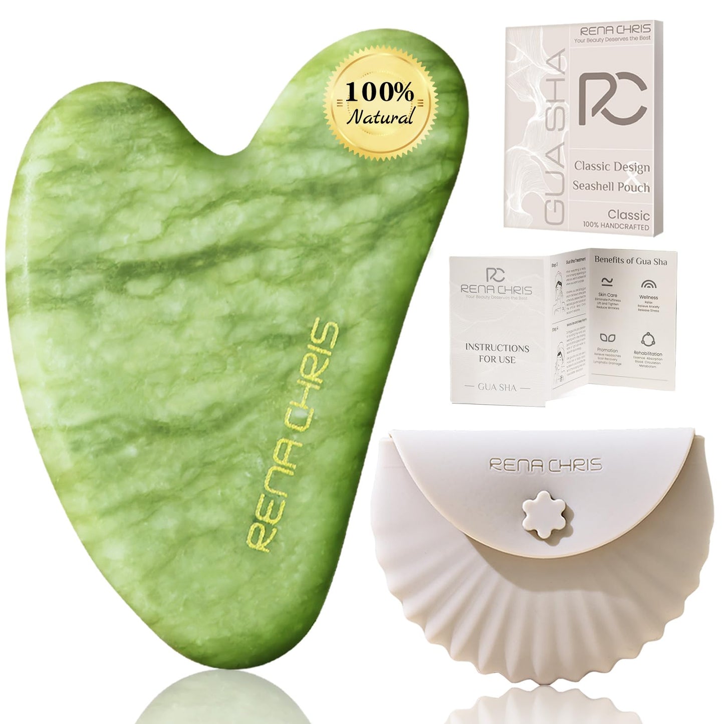 Rena Chris Gua Sha Facial Tools, Xiuyan Jade Stone Guasha Tool for Face Massage, Manual Facial Massager Tool for Jawline Sculpting and Puffiness Reduction with Silicone Case (Green) - Medaid International