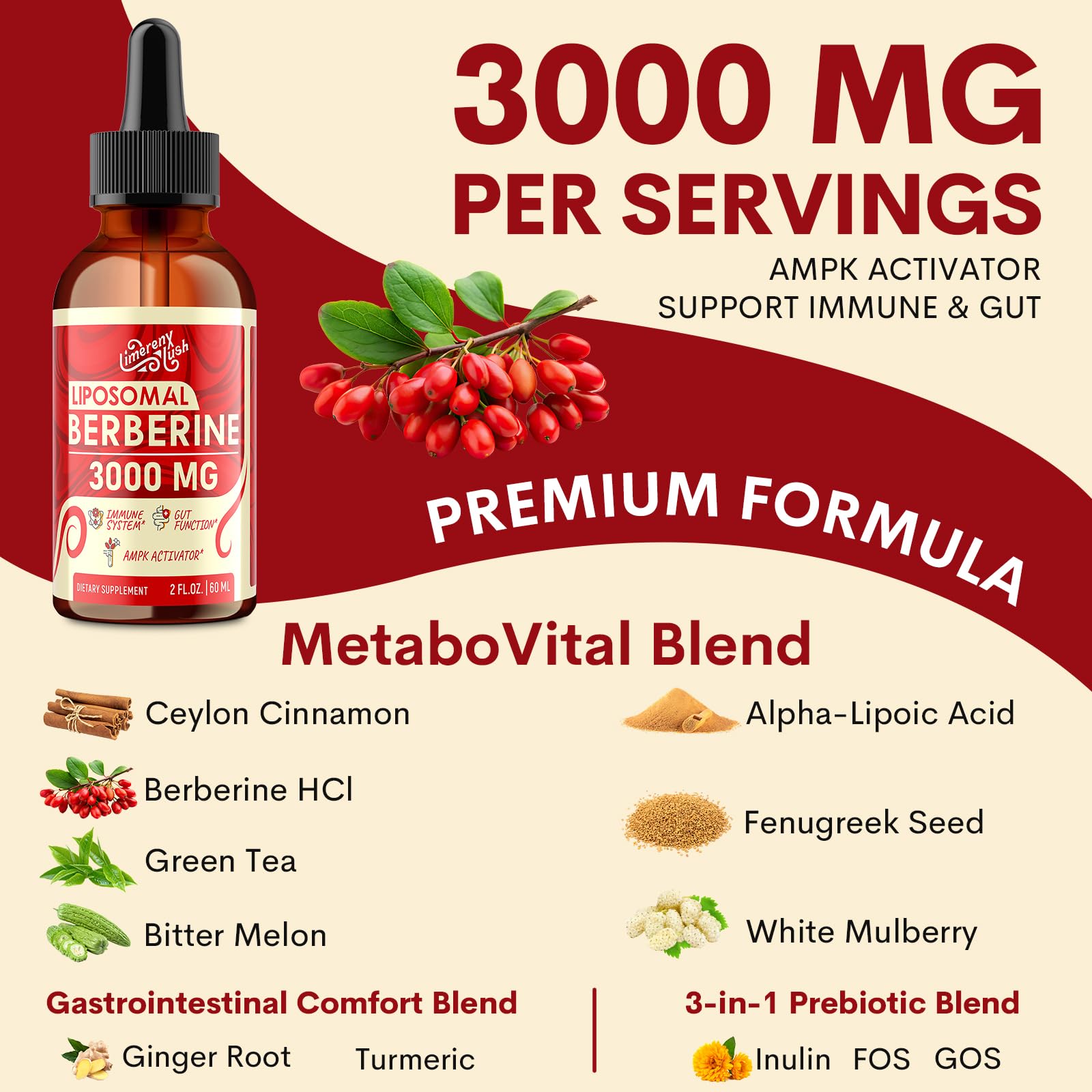 Liposomal Berberine Supplement - 3000mg Berberine Complex Activating AMPK & GLP-1, Berberine HCL Liquid Drop with Ceylon Cinnamon, Green Tea, Bitter Melon, Turmeric and Prebiotic Blend for Women & Men - Medaid International