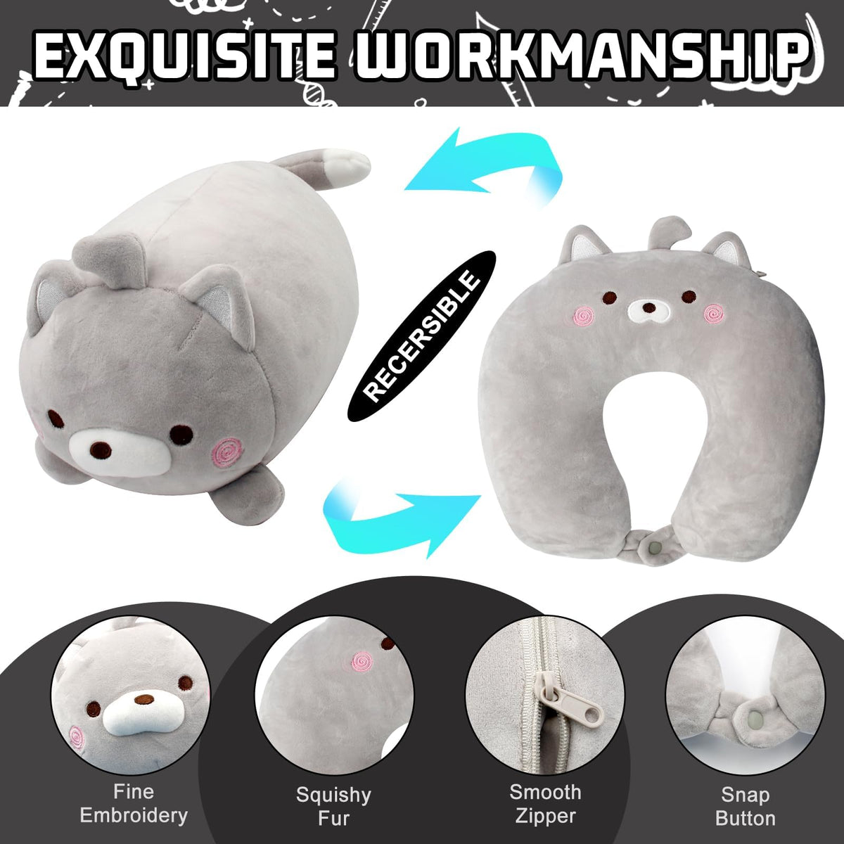 KASTWAVE Kids Travel Pillow - 2-in-1 Travel Pillow for Kids - Soft and Adorable Animals Reversible into a U-Shaped Neck Pillow for Airplane, Car, Train, or Bus