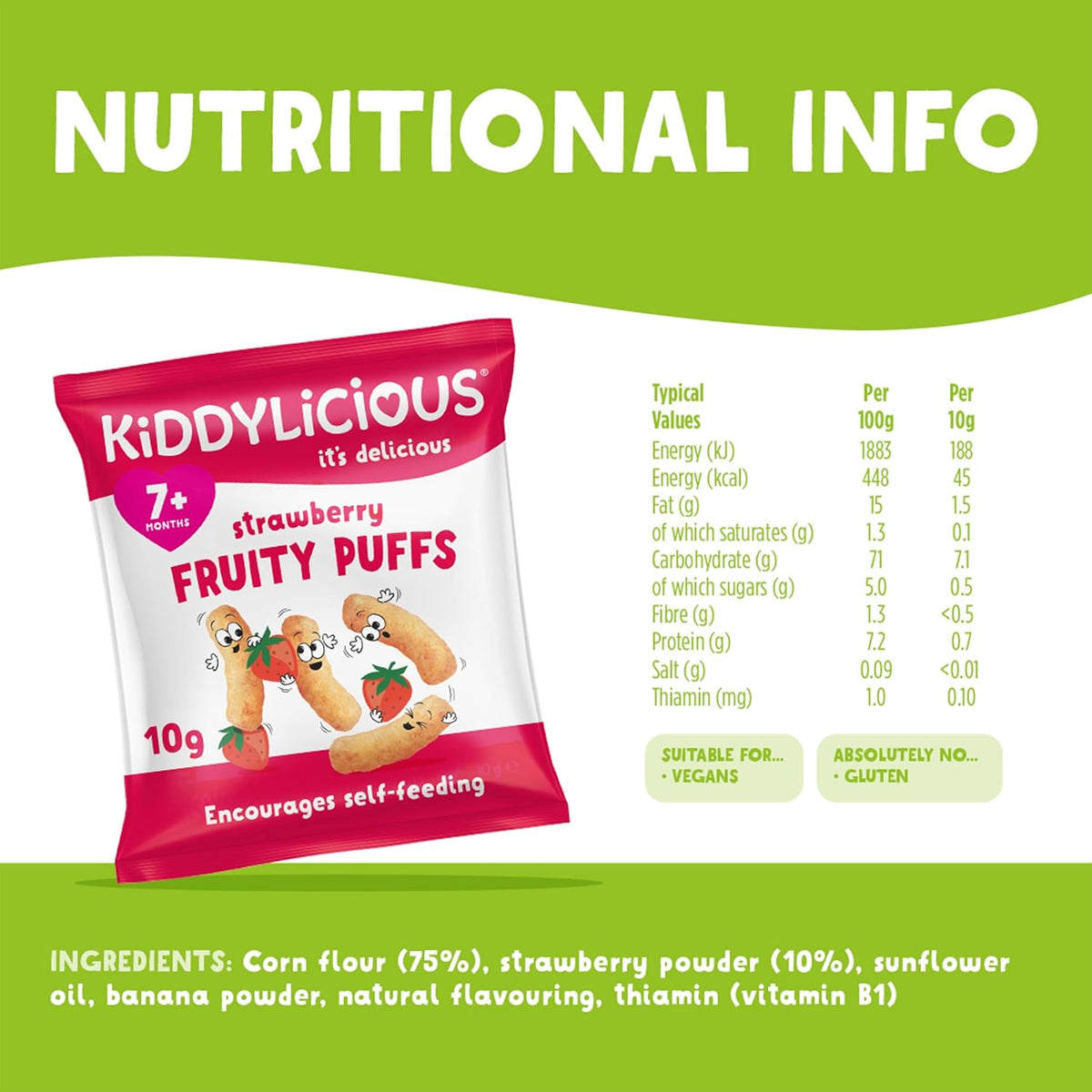 Kiddylicious Strawberry Fruity Puffs-Kids Snack - Crumb Free - Suitable for 7+ Months - 4 Packs (4x10gms)