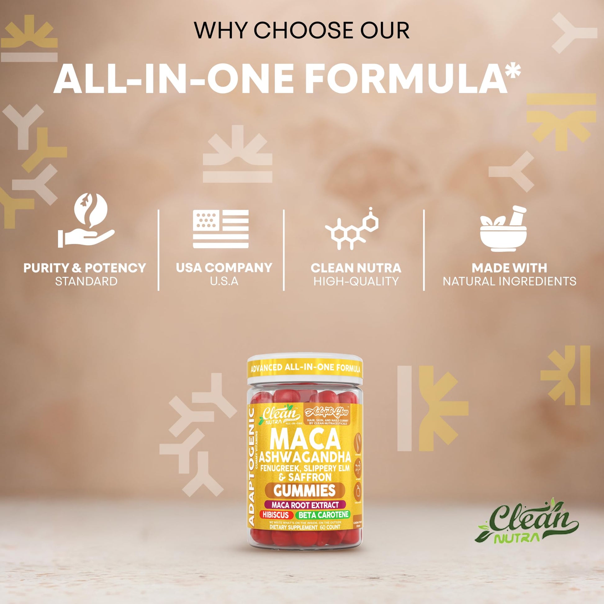 Clean Nutra Maca Root Gummies Ashwagandha Fenugreek Slippery Elm Saffron Hibiscus Beta Carotene Vitamin A for Women Macaroot Extract 60 Gummies Vegan Adaptogen Supplement Gummy Non GMO - Medaid International