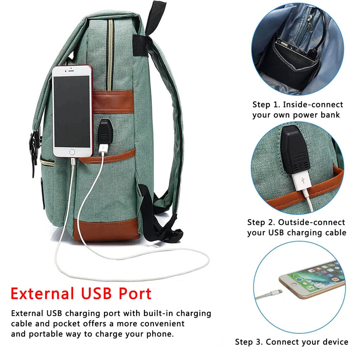 TERRIFI USB Charging Port Laptop Backpack, Water Resistant Fashion Travelling Backpack, Suitable for 5.6Inch Laptop, Women Men Shoulder Bag (Green)