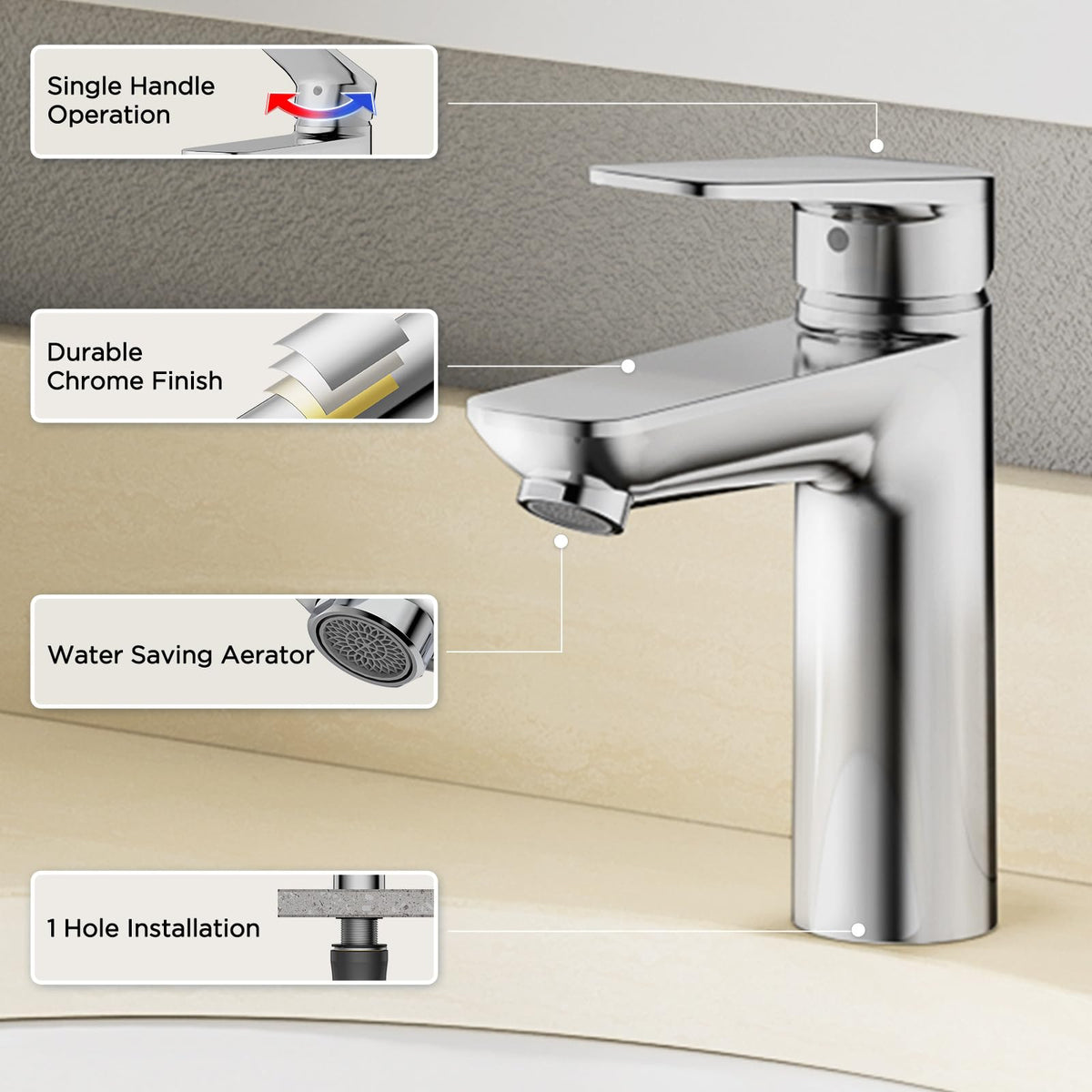JOMOO Bathroom Mixer, Water-Saving Basin Tap Mixer, Single-Lever Cold & Hot Water Bathroom Faucet Lavatory Vanity Faucet Modern, Chrome