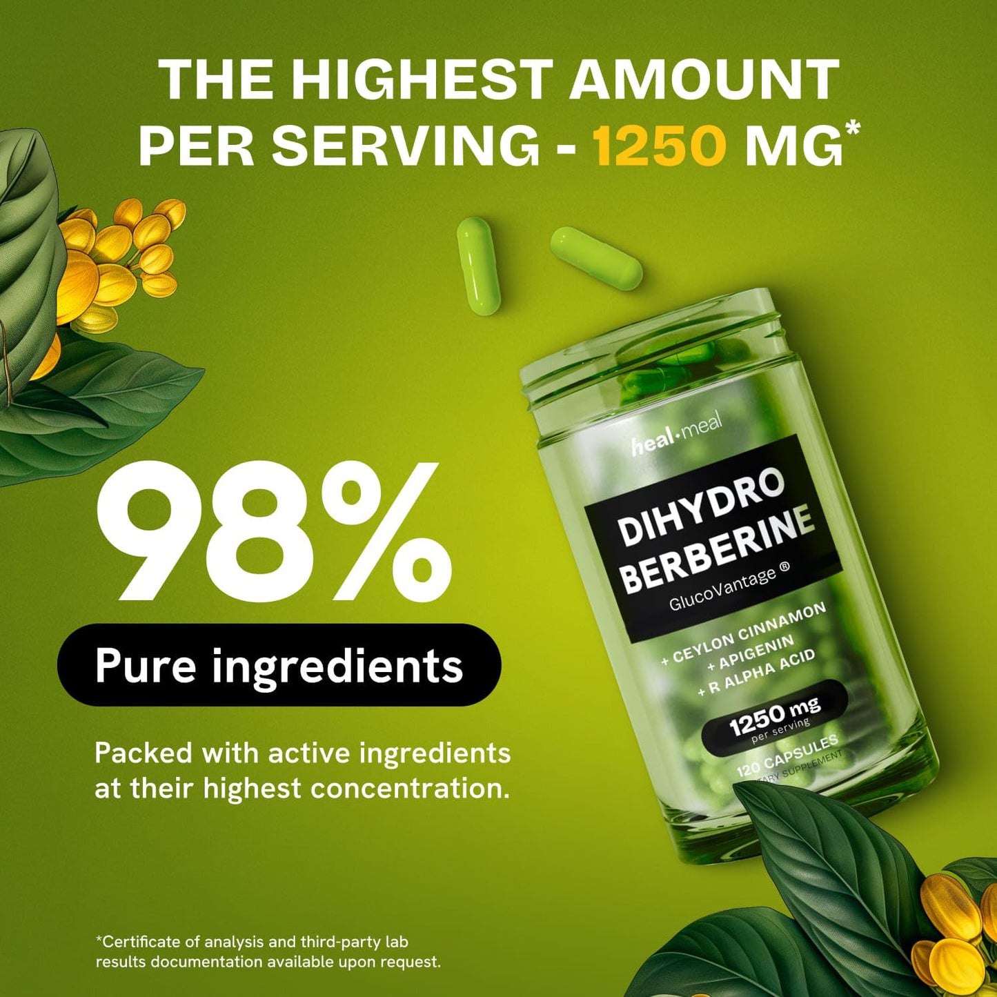 HealMeal Dihydroberberine Supplement - Dehydro Berberine Organic - Super Berberine Supplement with Ceylon Cinnamon & R Alpha Lipoic Acid & Apigenin - Hydroberberine 120 caps (1 Pack) - Medaid International