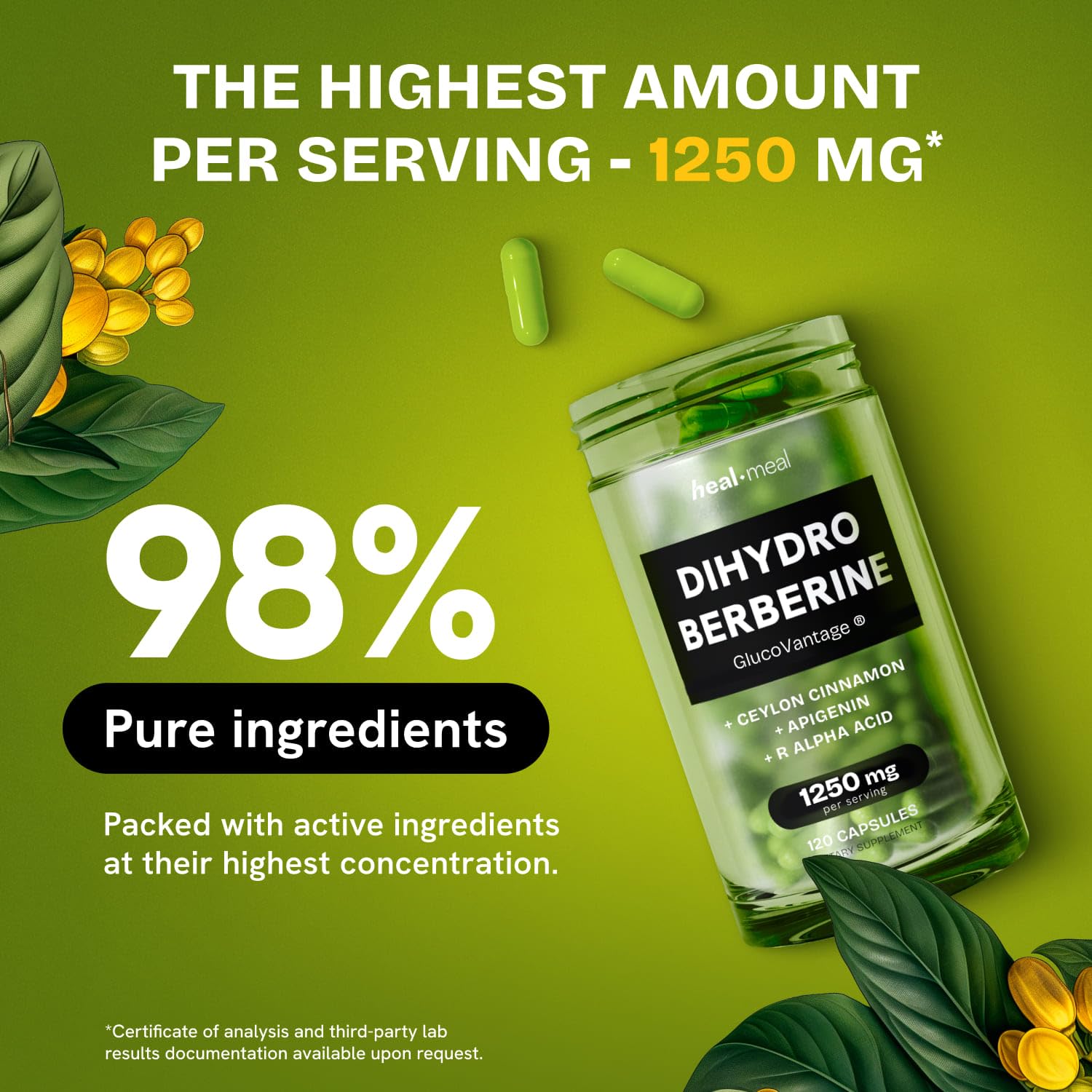 HealMeal Dihydroberberine Supplement - Dehydro Berberine Organic - Super Berberine Supplement with Ceylon Cinnamon & R Alpha Lipoic Acid & Apigenin - Hydroberberine 120 caps (1 Pack) - Medaid International