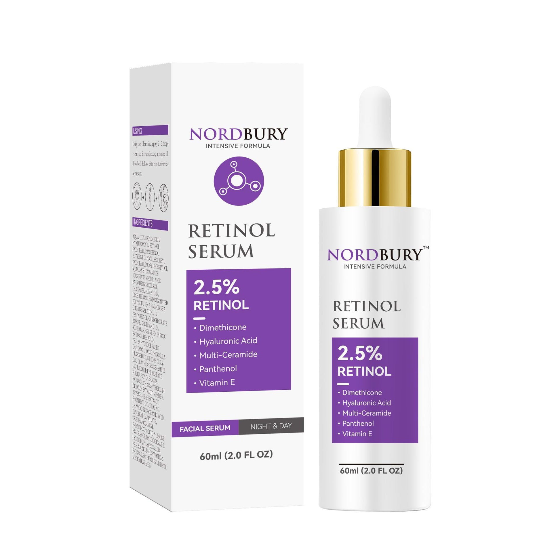 NORDBURY Retinol Serum, 2.5% Retinol with Vitamin E Ceramide Hyaluronic Acid & Organic Aloe Vera, Smooth Fine Lines Reduce Wrinkles and Improve Texture Skin Renewal Actively Night & Day, 60ml - Medaid International