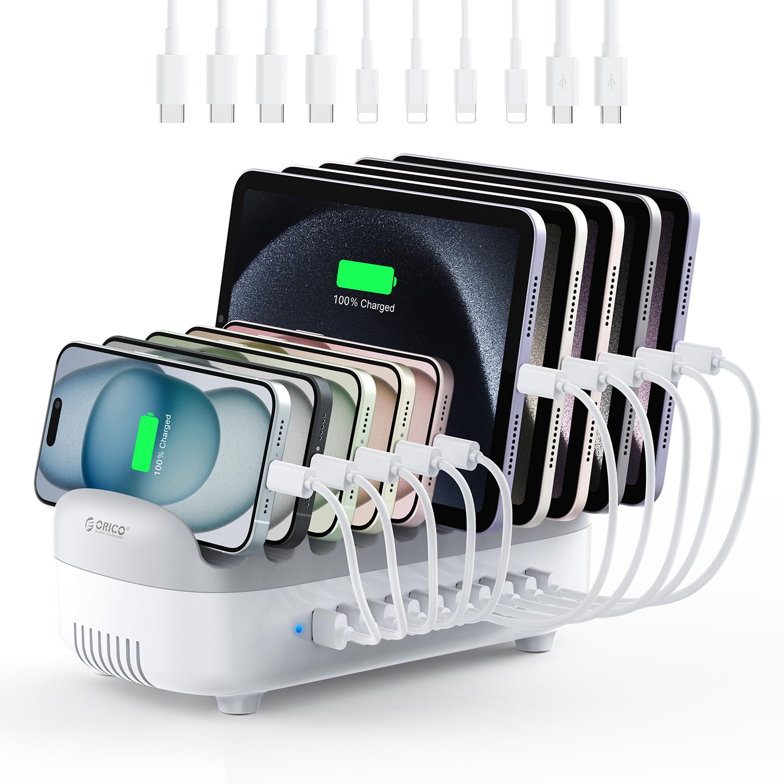 ORICO Multi USB Charging Station, 120W Charging Docking Organizer for Multiple Devices with Cables, 10-Ports Charging Station Compatible with iPad, iPhone, Tablet, Kindle and Cell Phones - Medaid International
