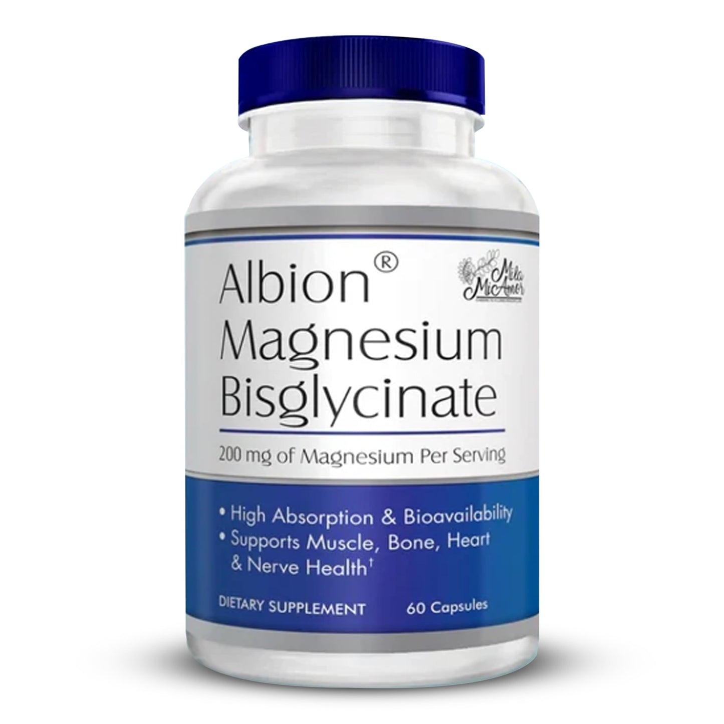 MilaMiAmor Albion® Magnesium Bisglycinate – Highly Absorbable Chelated Magnesium for Muscle, Nerve, Relaxation & Sleep Support – Gentle on Stomach, Vegan – 200mg per Serving, 60 Capsules - Medaid International