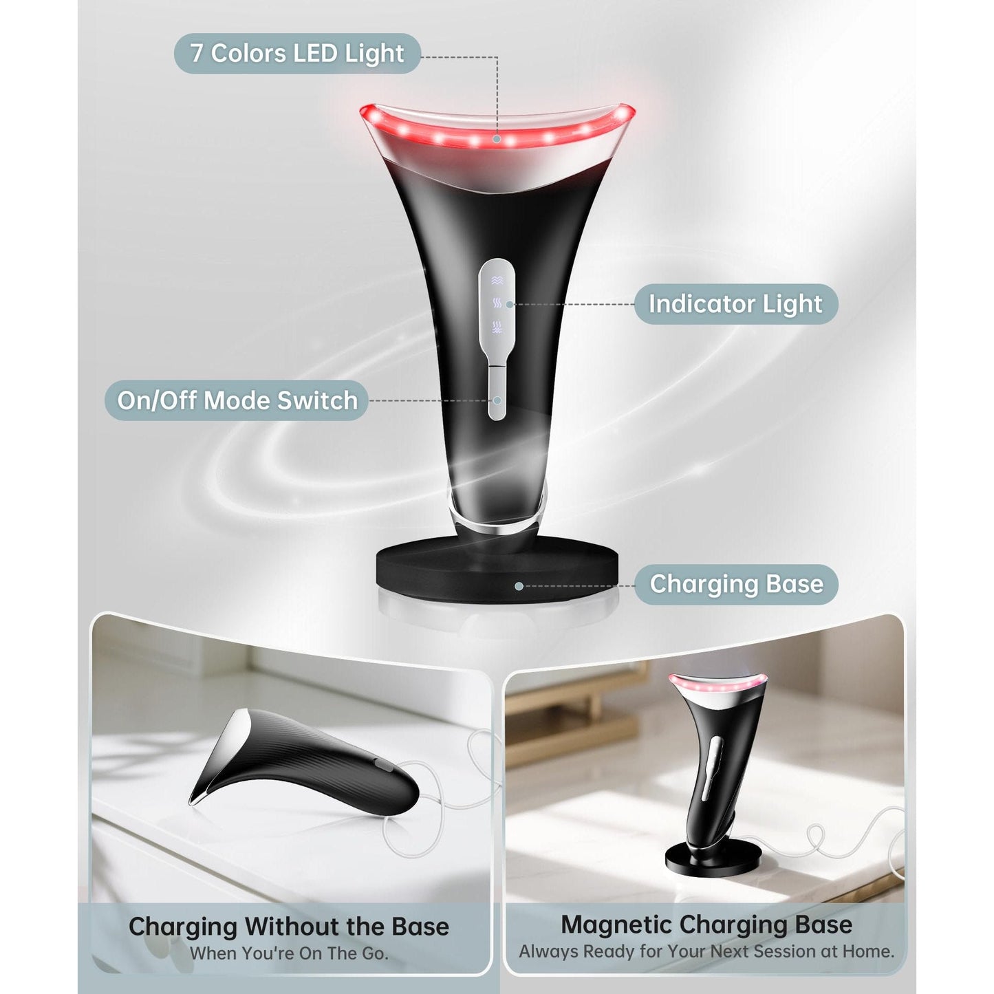 Dopsikn 7 Color Light Therapy Facial Massager with Adjustable Vibration and Thermals for Wrinkles, Double Chin, Red Light Skin Care Tool with Base, Black - Medaid International