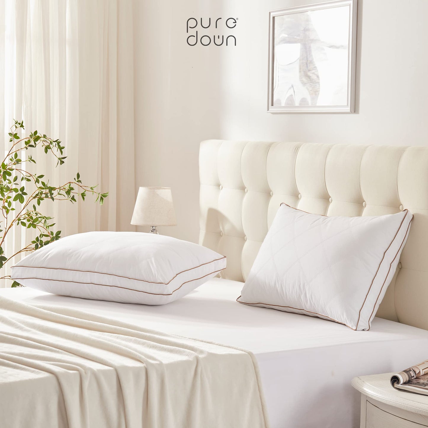 puredown® Goose Feathers and Down Pillow for Sleeping Hotel Collection Bed Pillows, Gusseted, Standard/Queen, Set of 2 - Medaid International