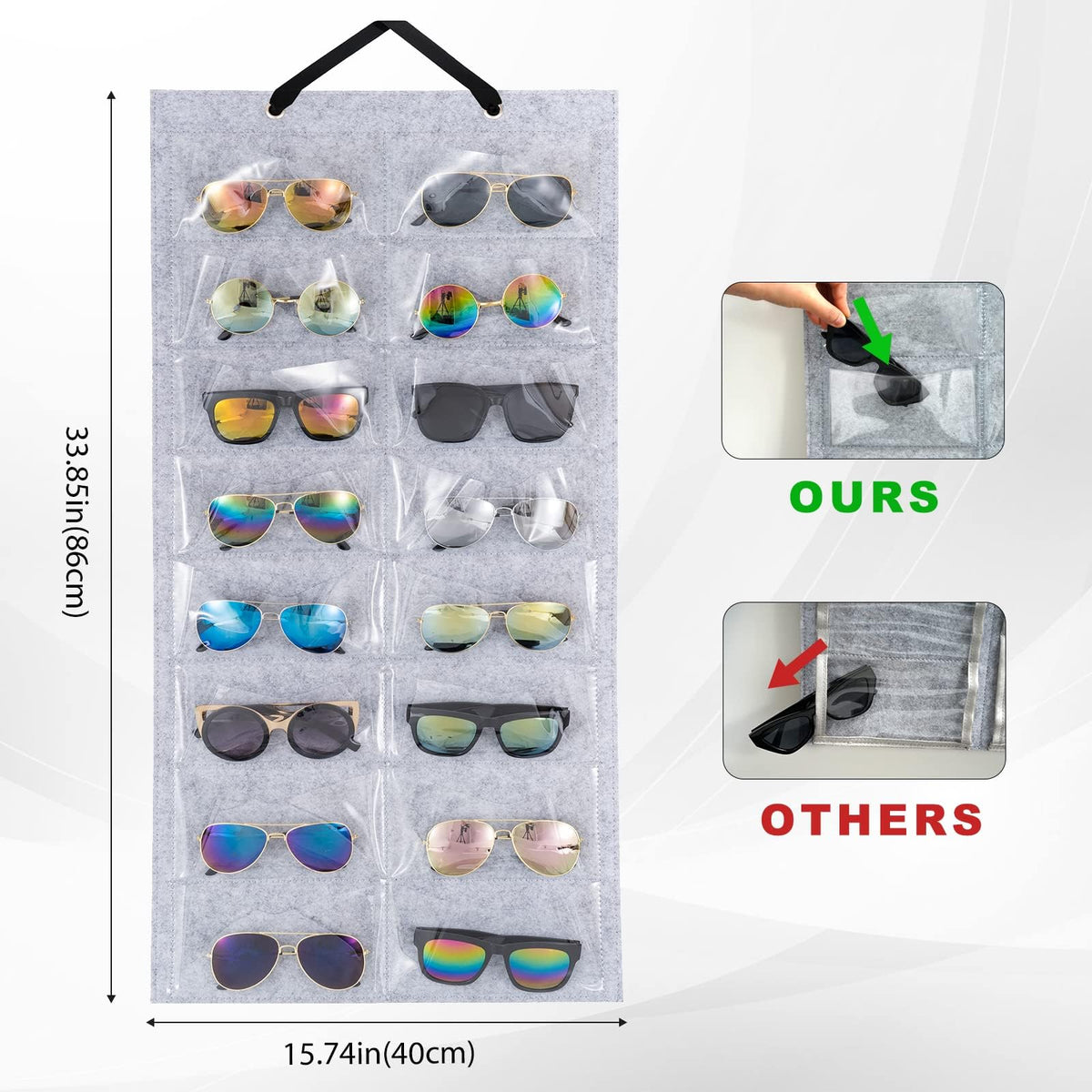 TERRIFI Sunglasses Organizer and Storage Bag - Hanging Dust Proof Wall Pocket With 16 Felt Slots Double Sided Holder - 2 Pack