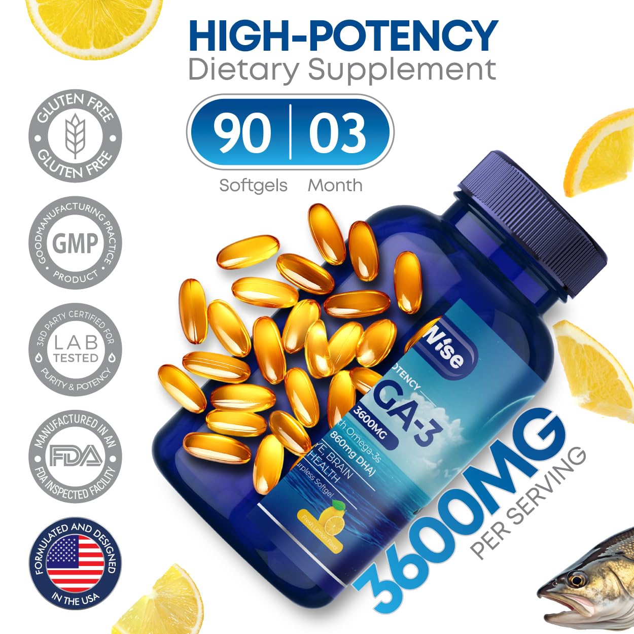 Triple Strength Omega 3 Fish Oil 3600mg – 1300mg EPA & 860mg DHA- Once Daily – Burpless Lemon Flavor, – Supports Heart, Brain, Joint & Eye Health – Wild Caught, Non-GMO, 90 Softgels, 3-Month Supply - Medaid International