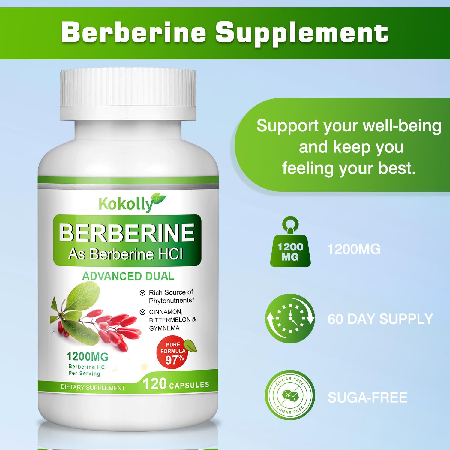 KOKOLLY Berberine Supplement 1200mg -Natural Plant- Based with Berberine HCL,Cinnamon, Bittermelon, Gymnema(120 Capsules) - Medaid International
