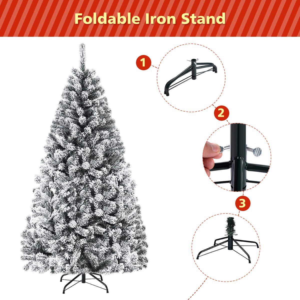 Artificial Christmas, Premium PVC Xmas Full, Flocked Snow Pine Tree with Solid Metal Stand, Ideal for Indoor and Outdoor (6FT), White, Christmas Tree - Medaid International