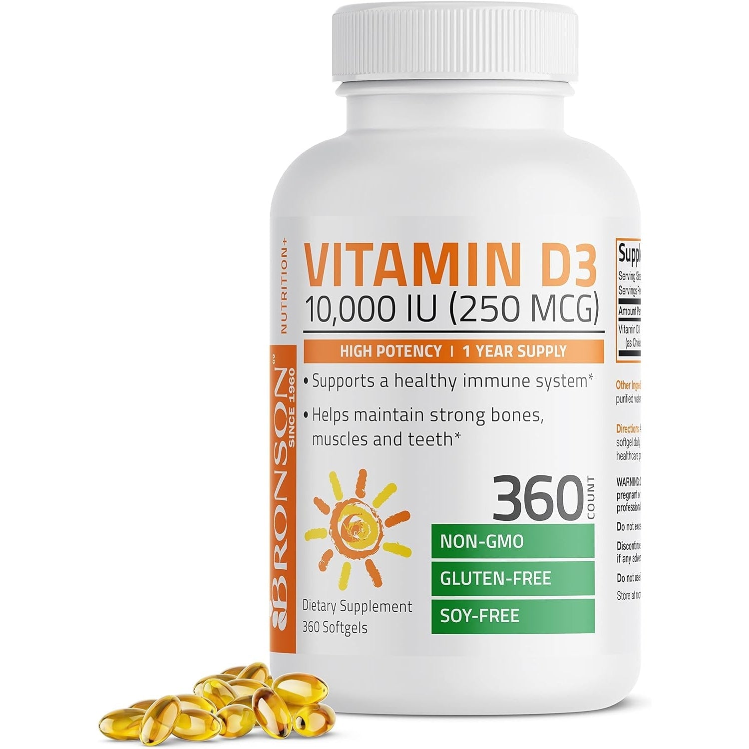 Bronson Vitamin D3 10,000 IU (250 mcg) High Potency - Supports Healthy Immune System, Strong Bones, Muscles & Teeth - Non GMO, 360 Softgels (1 Year Supply) - Medaid International