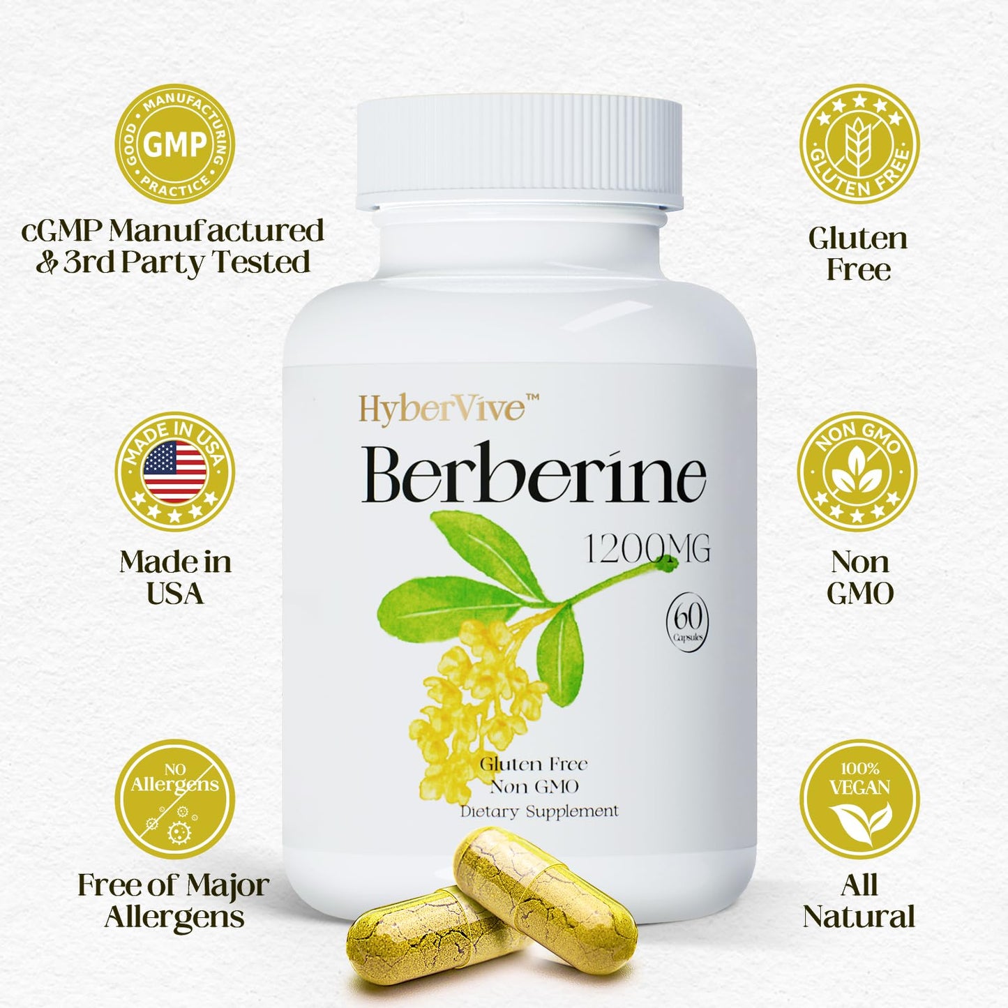 HyberVive Berberine Supplement 1200mg, Berberine HCl Supplement Supports Overall Wellness, High Potency Pure Berberine Extract for Women - Non GMO, Made in USA - 60 Capsules - Medaid International