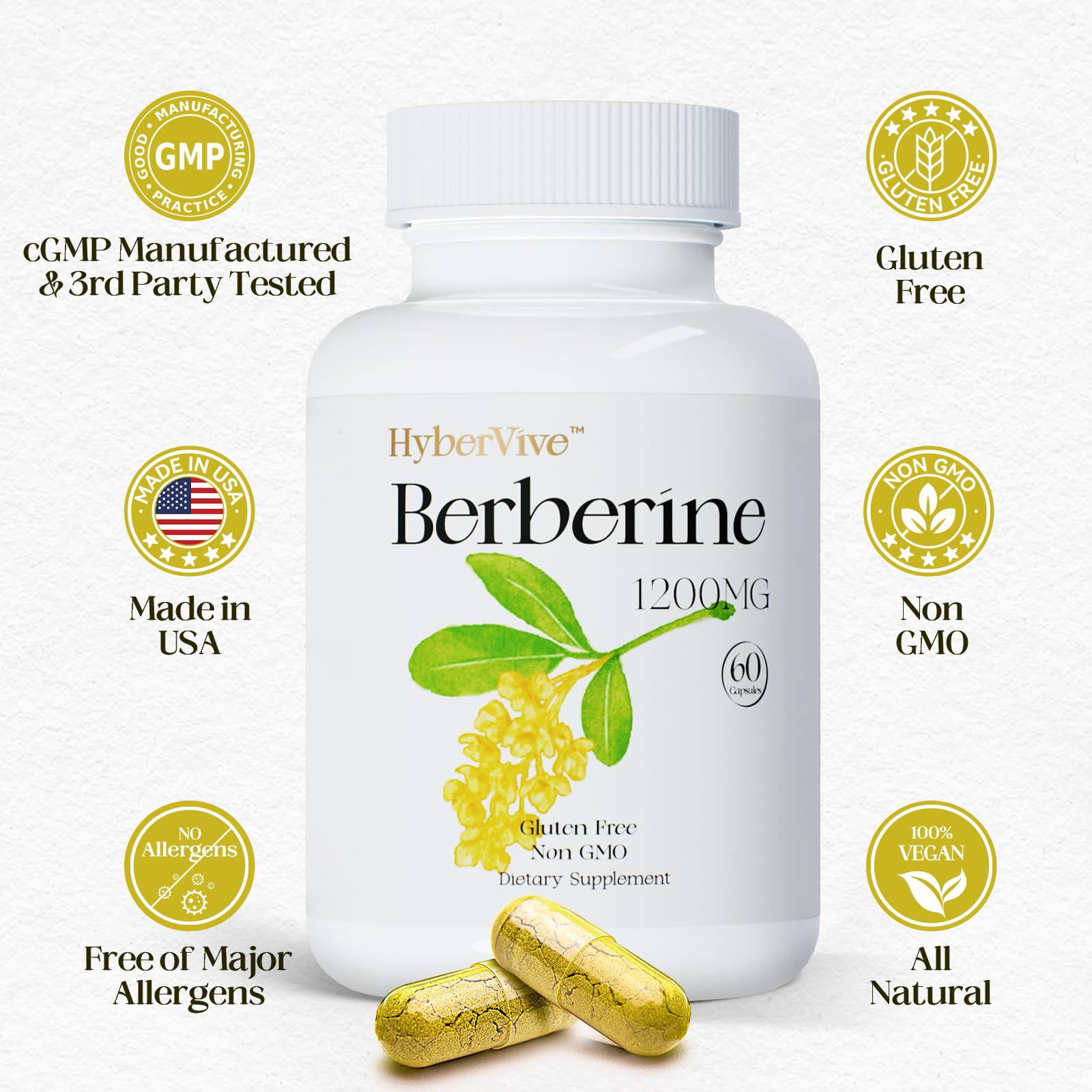 HyberVive Berberine Supplement 1200mg, Berberine HCl Supplement Supports Overall Wellness, High Potency Pure Berberine Extract for Women - Non GMO, Made in USA - 60 Capsules - Medaid International