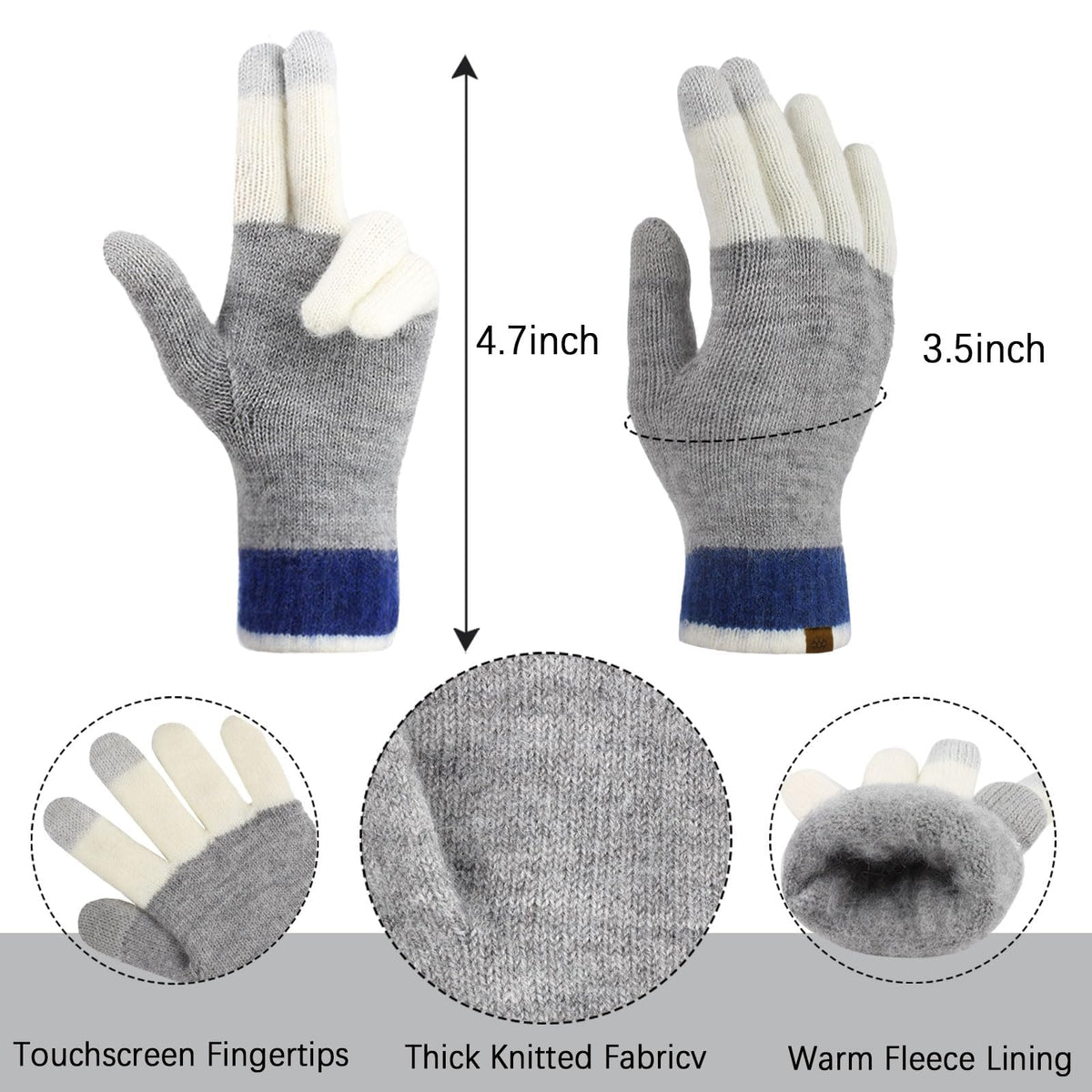 TERRIFI Winter Beanie Hat Scarf and Touchscreen Gloves Set for Women Thermal Fleece Lined 3 Piece Knit Set for Cold Weather Long Thick Scarf and Elastic Skull Cap with Pom-Pom Gray and Blue
