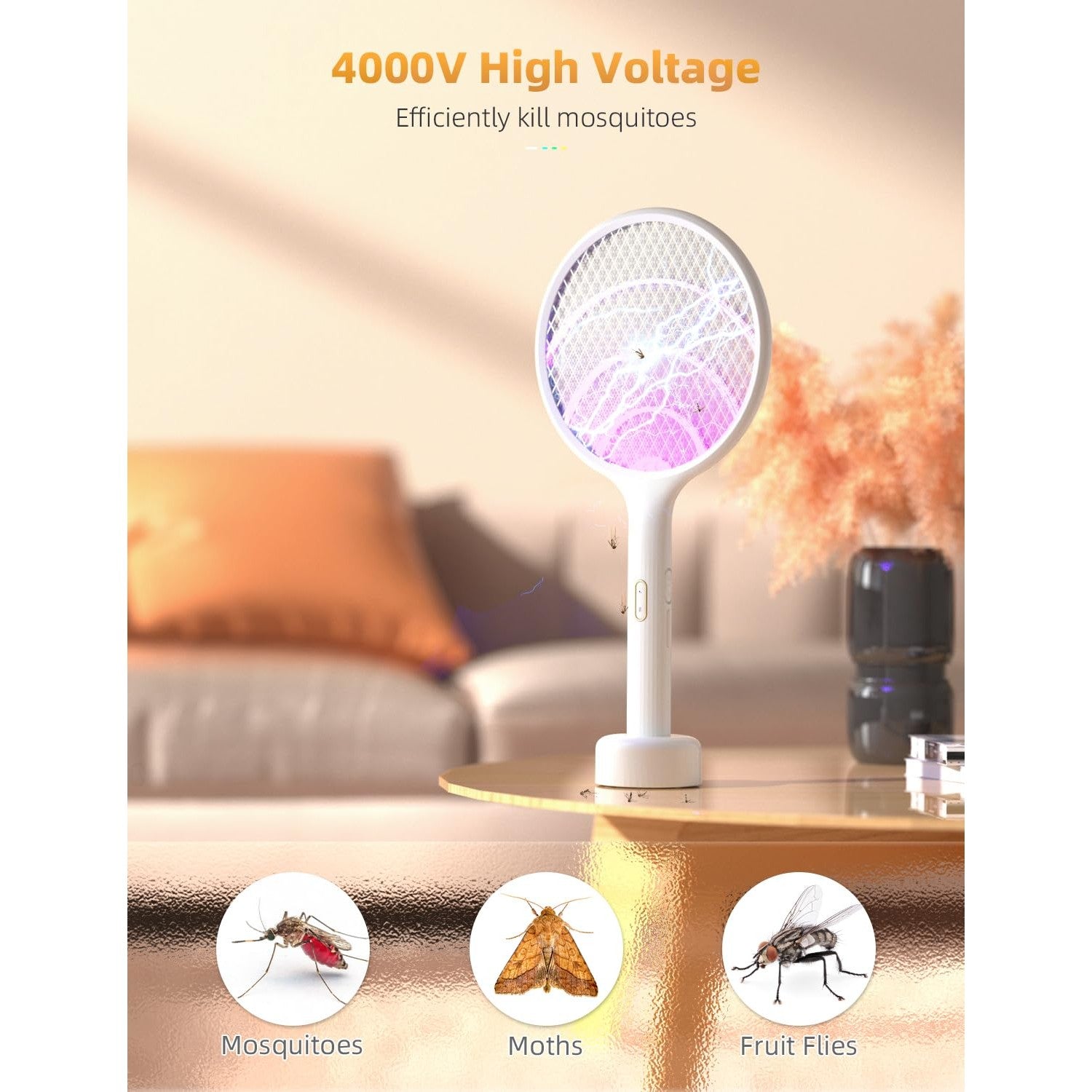 YISSVIC Electric Fly Swatter 4000V Bug Zapper Racket Dual Modes Mosquito Killer with Purple Mosquito Light Rechargeable Base for Indoor and Outdoor Home Office Backyard Patio Camping (1 Pack) - Medaid International