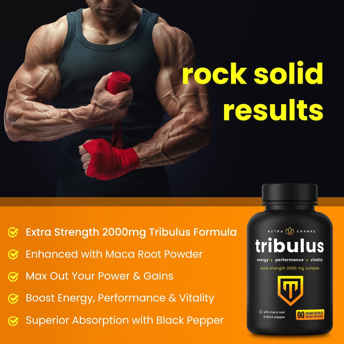 NutraChamps Tribulus Terrestris for Men, 2000mg Supplement Booster for Energy, Vitality, Stamina & Performance, Extra Strength Saponins, 90 Vegan Capsules - Medaid International