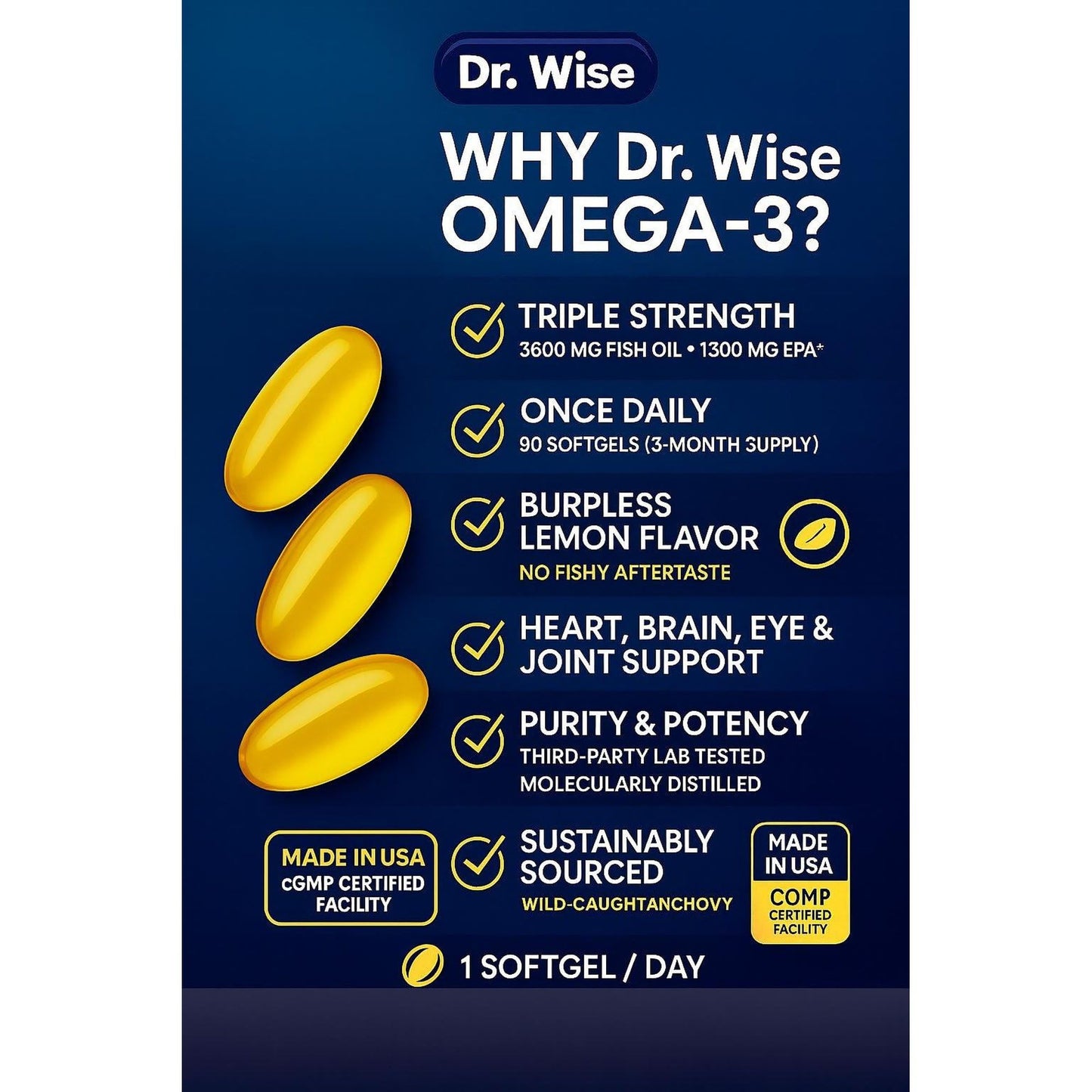 Triple Strength Omega 3 Fish Oil 3600mg – 1300mg EPA & 860mg DHA- Once Daily – Burpless Lemon Flavor, – Supports Heart, Brain, Joint & Eye Health – Wild Caught, Non-GMO, 90 Softgels, 3-Month Supply - Medaid International
