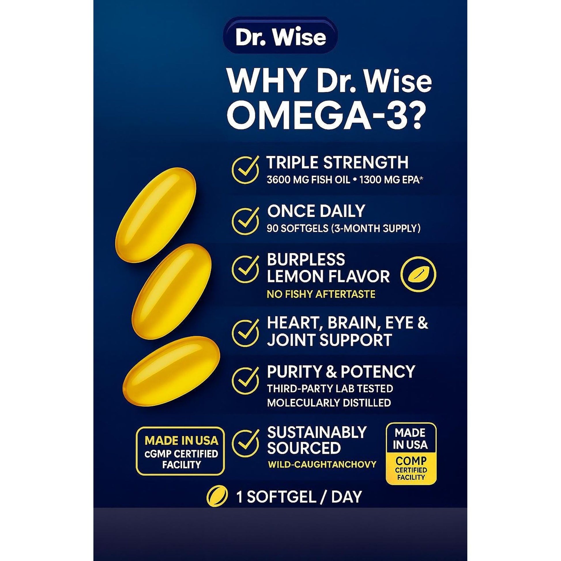 Triple Strength Omega 3 Fish Oil 3600mg – 1300mg EPA & 860mg DHA- Once Daily – Burpless Lemon Flavor, – Supports Heart, Brain, Joint & Eye Health – Wild Caught, Non-GMO, 90 Softgels, 3-Month Supply - Medaid International
