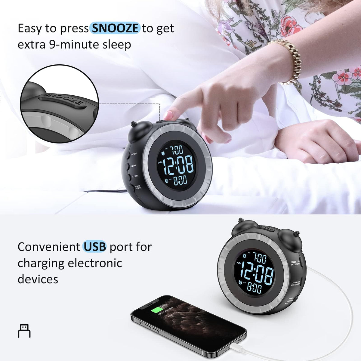 TERRIFI Loud Dual Alarm Clock with Bed Shaker, 0-100% Dimmer, Vibrating Alarm for Heavy Sleepers or Hearing Impaired, Easy to Set with USB Charging Port, Snooze Function, and Battery Backup