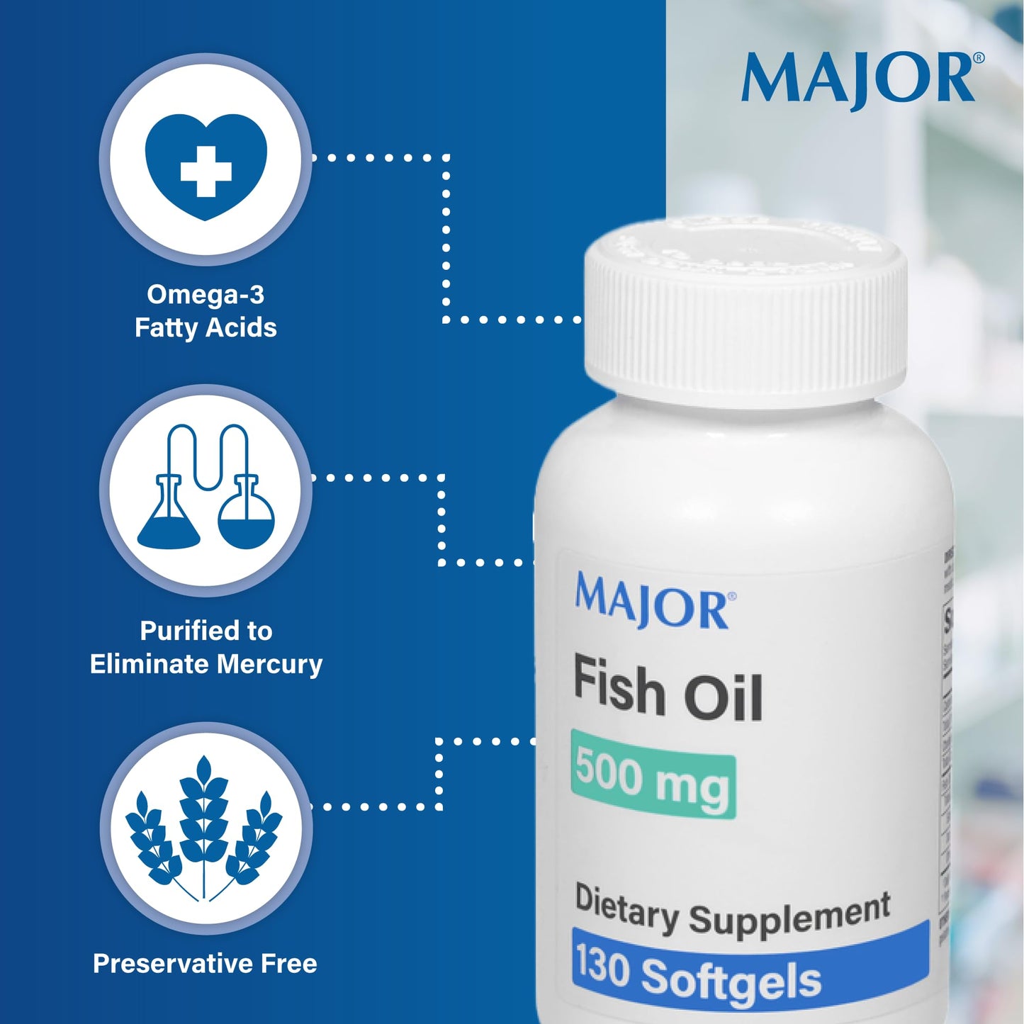 MAJOR Fish Oil 500mg Softgels - Omega-3 Fish Oil Supplement - Dietary Supplement - 130 Count - Medaid International