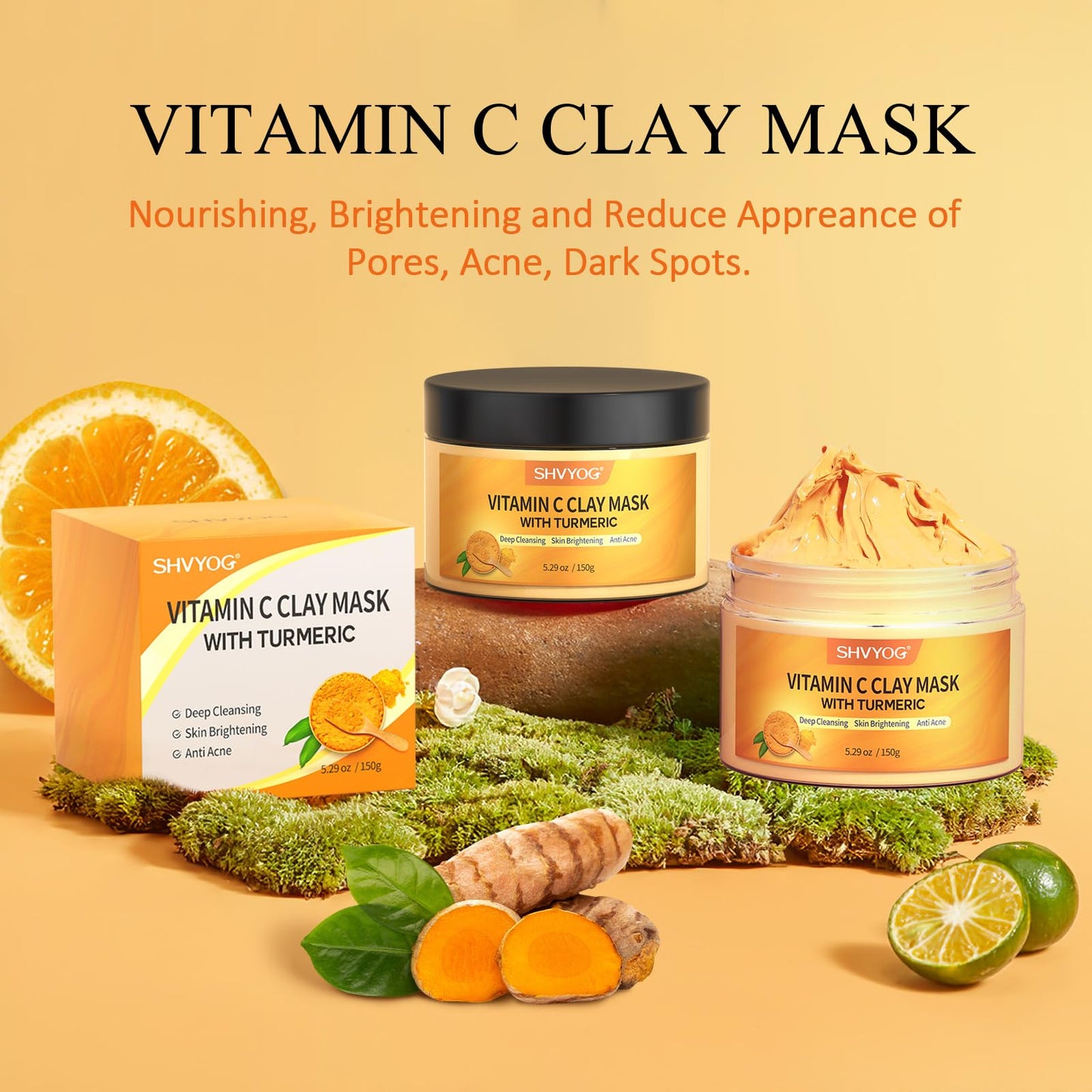 Vitamin C Face Mask with Kaolin Clay and Turmeric for Dark Spots, Dull Skin, Skincare Facial Mask for Controlling Oil and Refining Pores 5.29 Oz - Medaid International