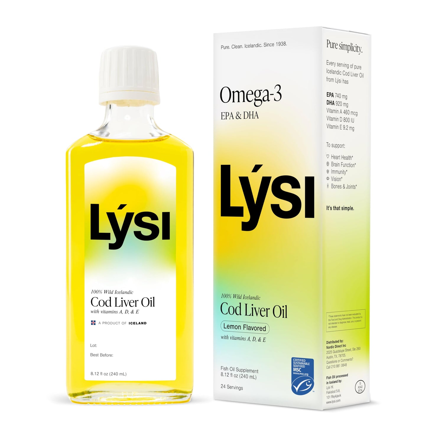 Lysi Cod Liver Oil, Omega-3 Supplement,1660mg EPA & DHA Per Serving, Plus Vitamins A,D,E, Sustainably Sourced 100% Wild Icelandic Cod, Natural Lemon, GMP Certified, 8.12 FL oz, 24 Servings - Medaid International