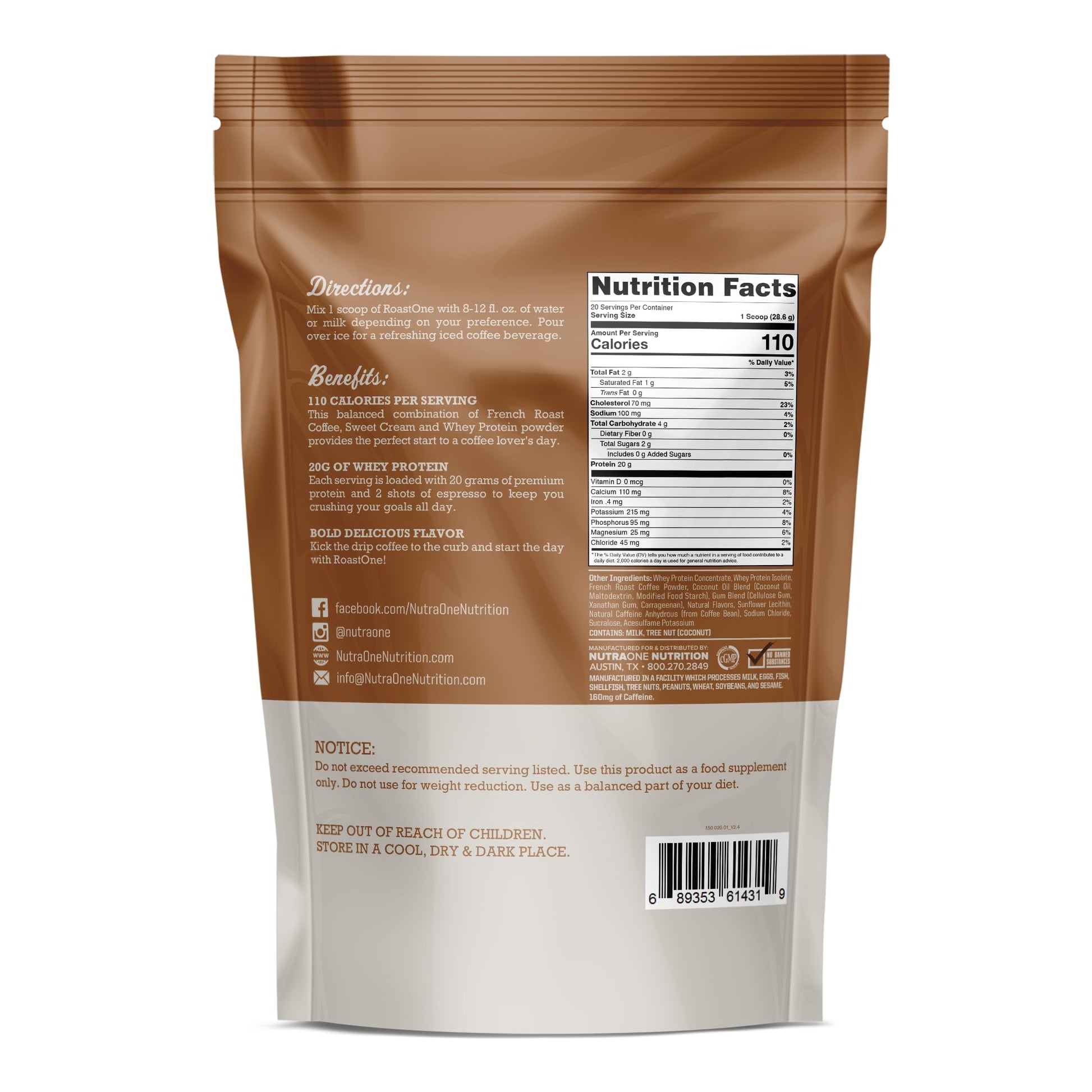 NutraOne RoastOne Coffee Protein Powder Coffee Infused Whey Protein Powder for Energy & Focus, 160mg Caffeine and 20g Protein (Sweet Cream – 1.35 lbs.) - Medaid International