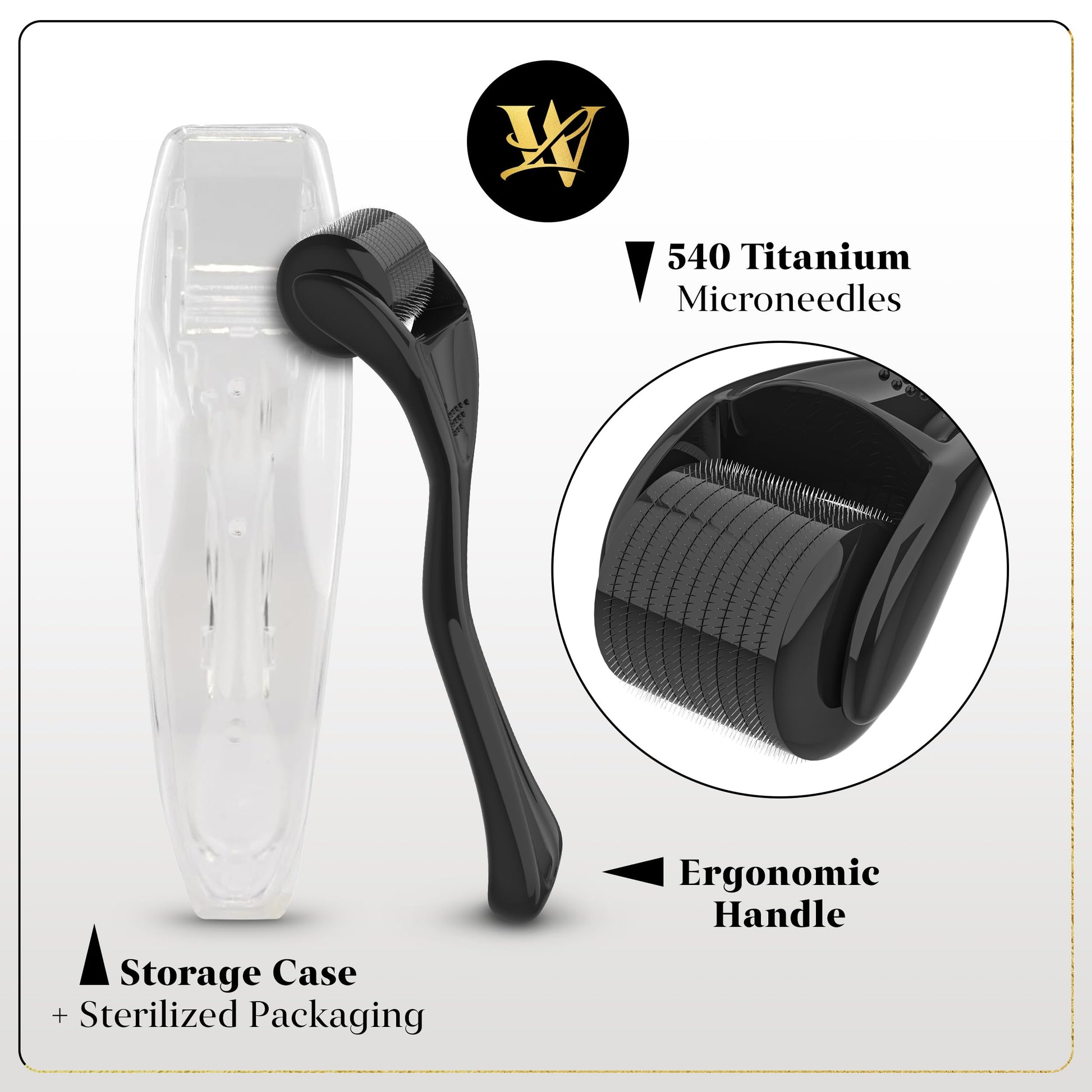 Derma Roller for Skin, Hair & Beard – Women and Men Titanium Microneedling Roller for Face & Scalp, Safe & Easy to Use - Glossy Black - Medaid International
