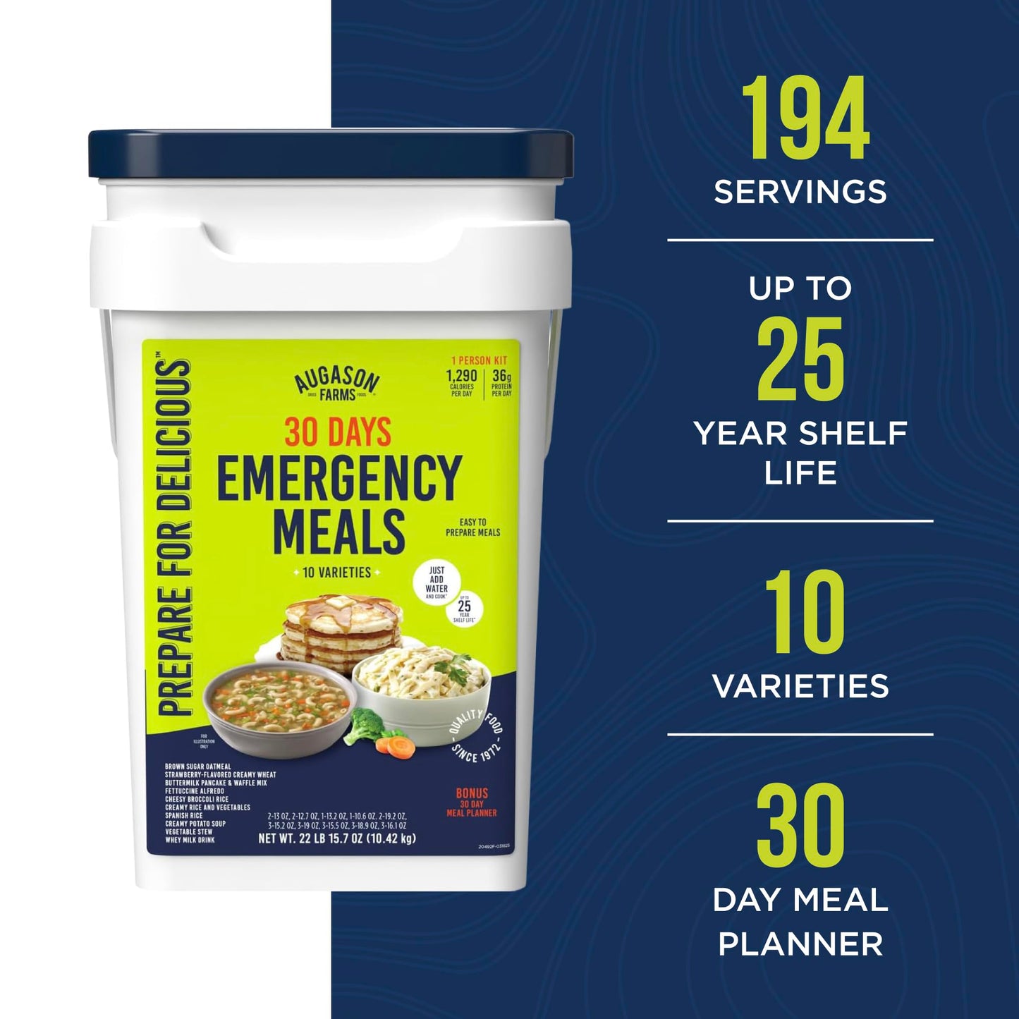 Augason Farms 30 Day Emergency Food Supply Kit, Dehydrated Meal Survival Food Bucket for 1 Person - 194 Servings