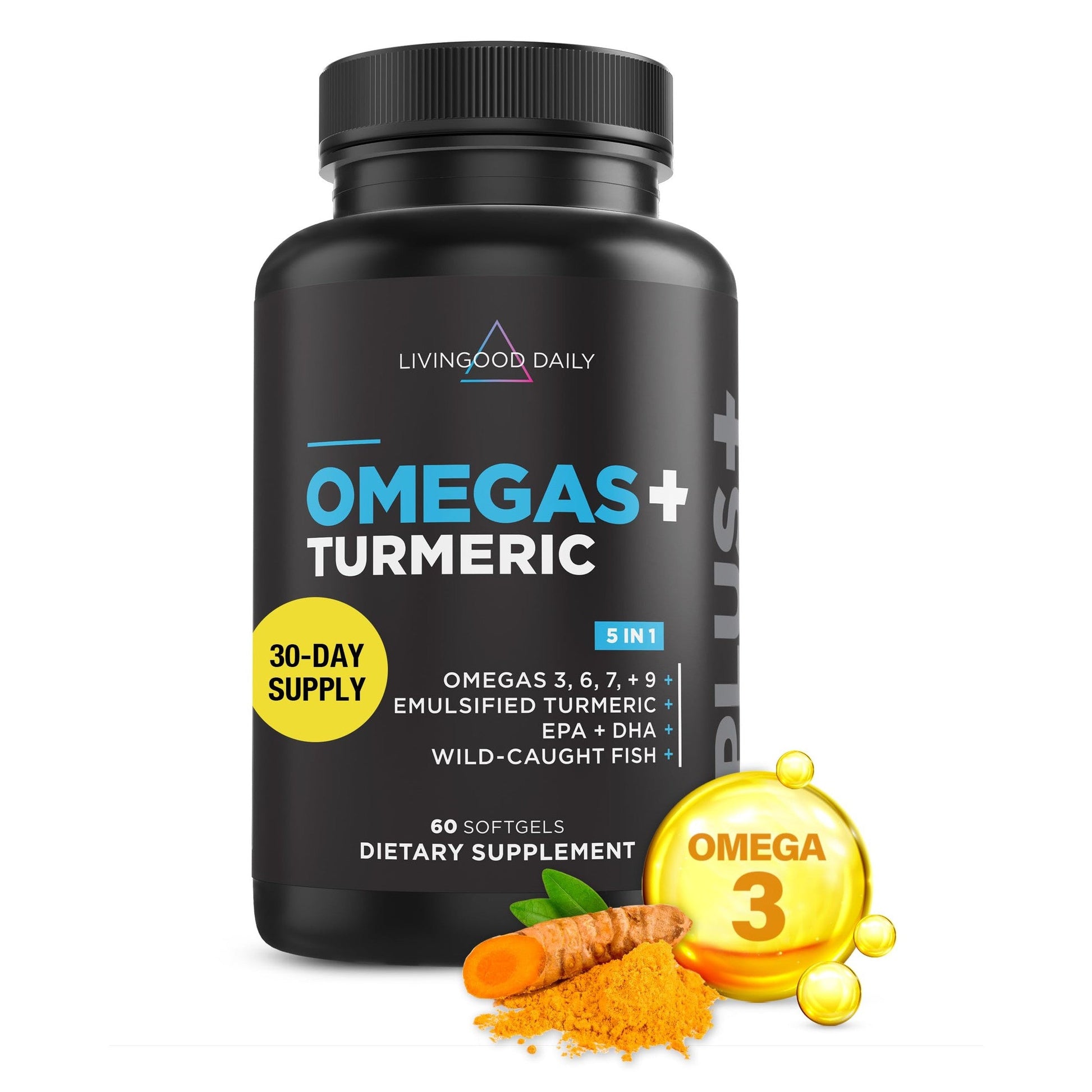 Livingood Daily Triple Omega 3 6 9 Supplement Plus Turmeric Curcumin, DHA & EPA, Fish Oil Supplements for Brain & Heart Health and Joint Support, Advanced Absorption, Gluten Free, Non GMO, 60 Softgels - Medaid International