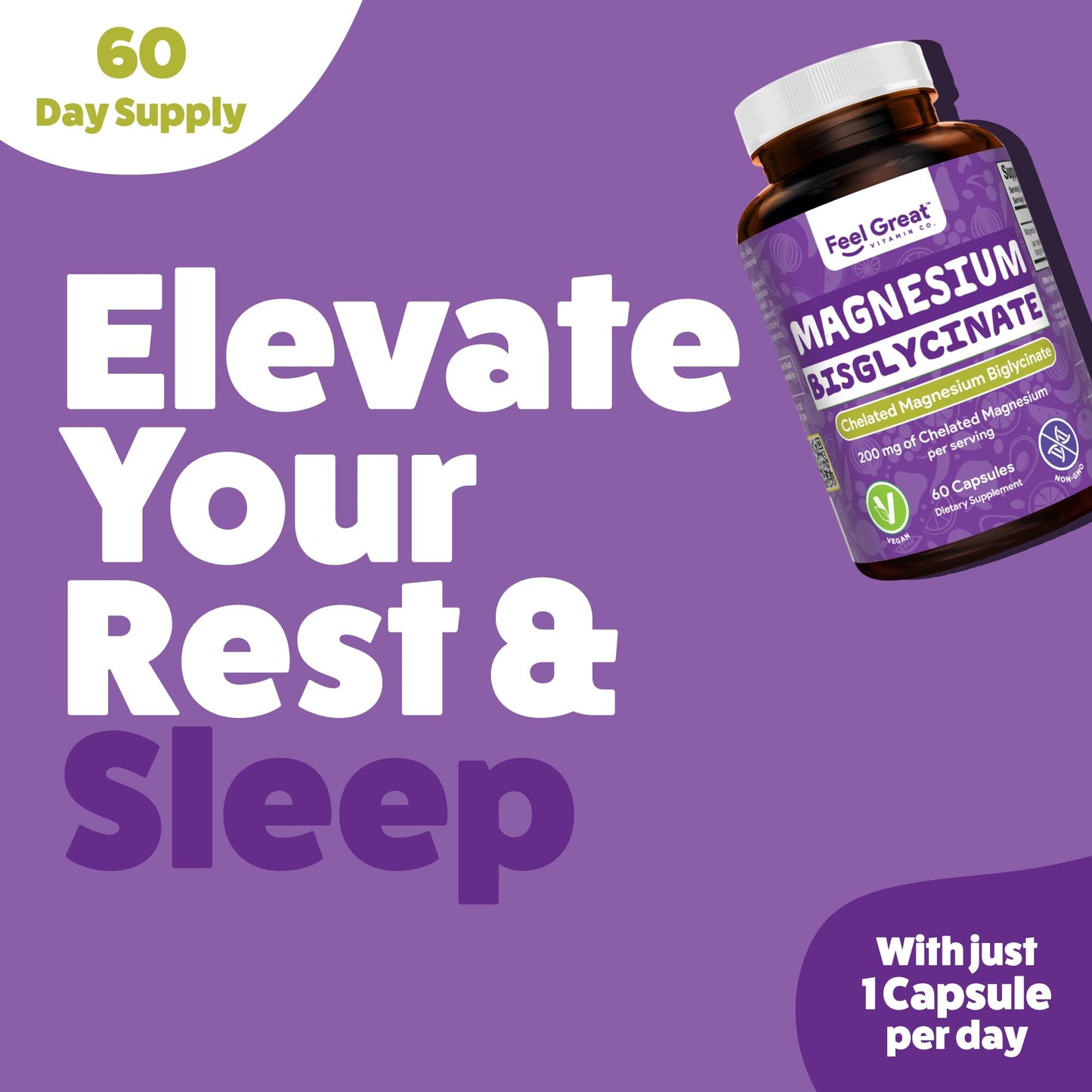 Feel Great Magnesium Bisglycinate – High Absorption, Buffered & Chelated Magnesium for Muscle, Bone & Joint Support – 60 Easy-to-Swallow Vegan Capsules - Medaid International