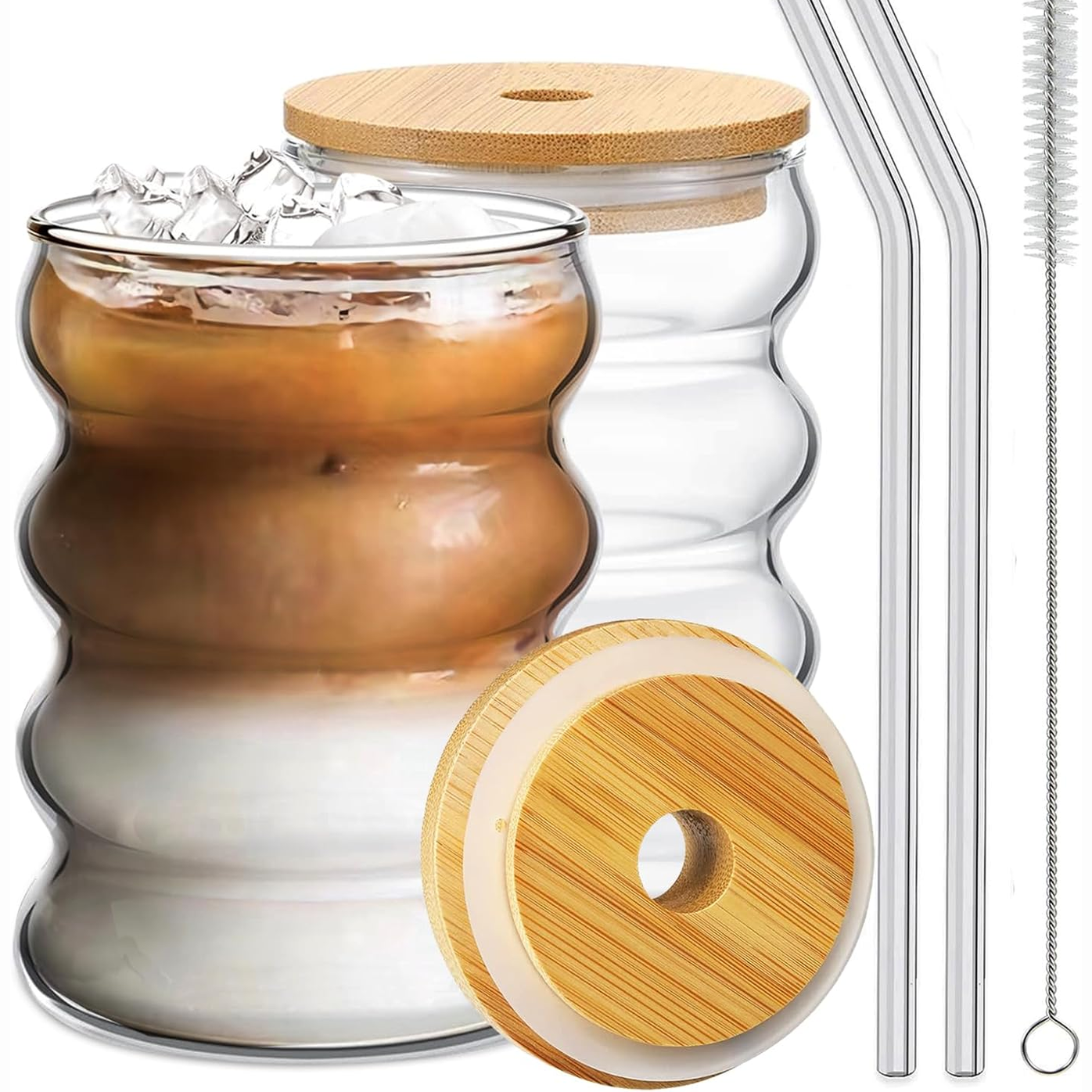 DrinkingWavy Glasses with Bamboo Lids and Glass Straw 14oz