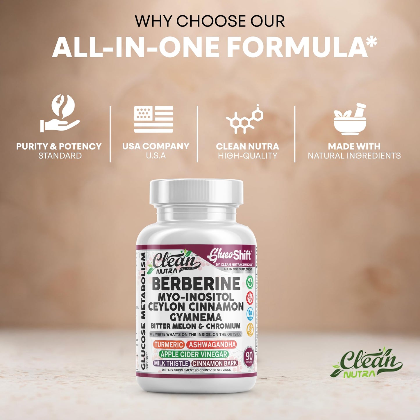Clean Nutra Berberine Supplement with Ceylon Cinnamon Myo-Inositol Gymnema Bitter Melon & Chromium | Berberine HCI Root Extract Complex | 90 Capsules | Vegan, Gluten-Free, Non-GMO - Medaid International