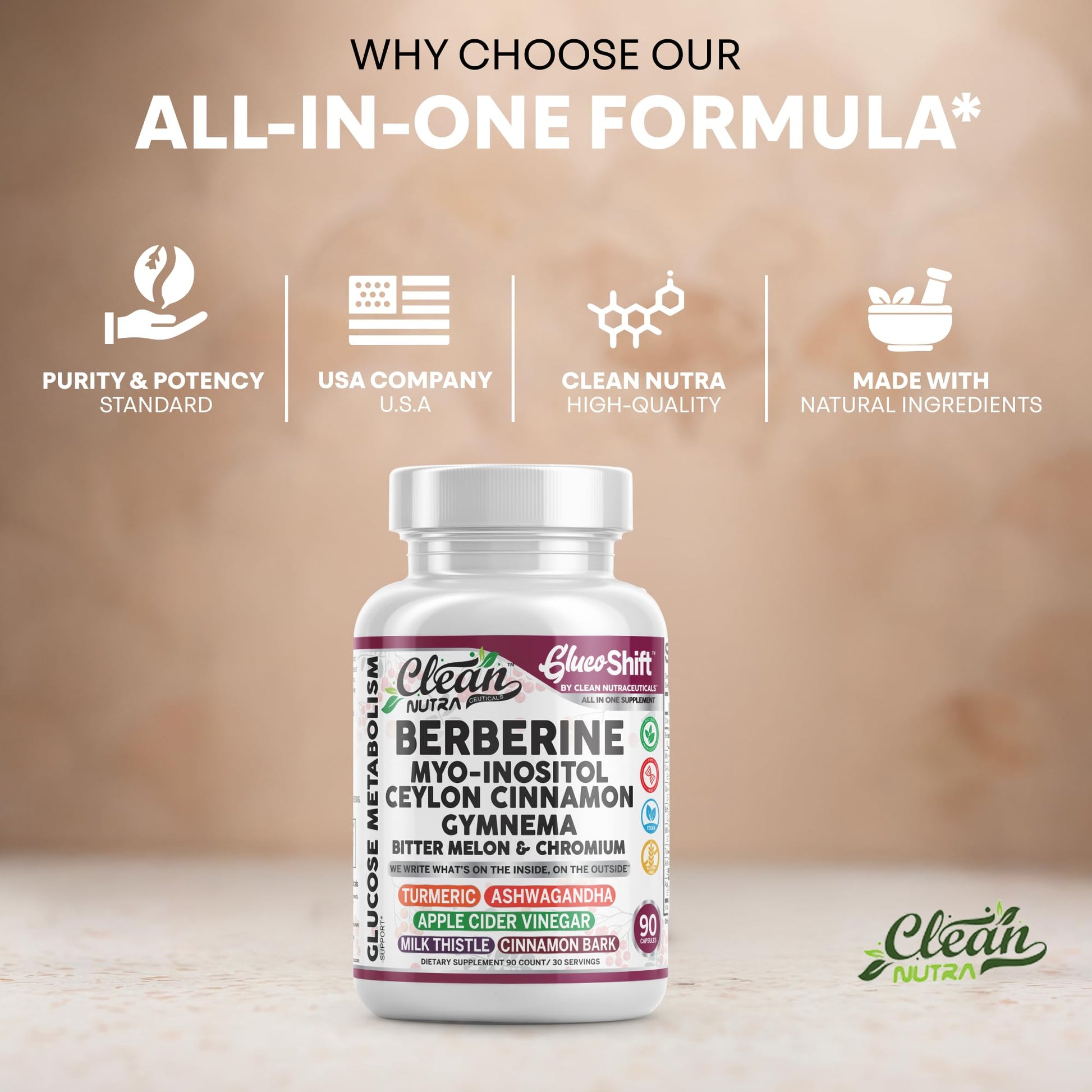 Clean Nutra Berberine Supplement with Ceylon Cinnamon Myo-Inositol Gymnema Bitter Melon & Chromium | Berberine HCI Root Extract Complex | 90 Capsules | Vegan, Gluten-Free, Non-GMO - Medaid International