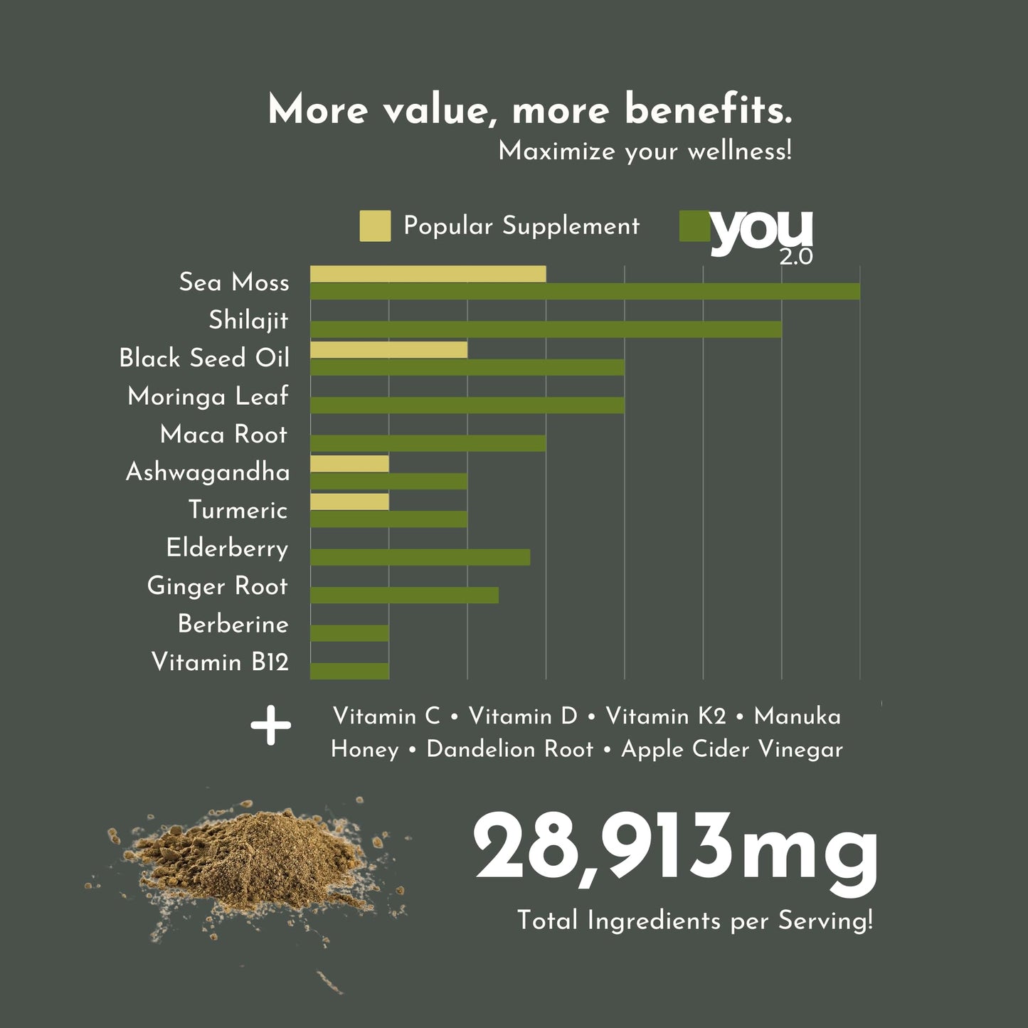 YOU 2.0 Powerhouse Superfood with Seamoss, Shilajit, Ashwagandha, Berberine, Maca, Black Seed Oil, Turmeric, Vitamin C, D, B12, K2 - Moringa, Apple Cider, Made in USA for Overall Health & Immunity - Medaid International