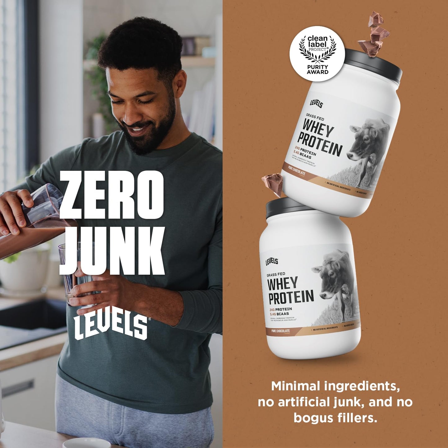 Levels Grass Fed Whey Protein Powder, No Artificials, 24G of Protein, Pure Chocolate, 2LB - Medaid International