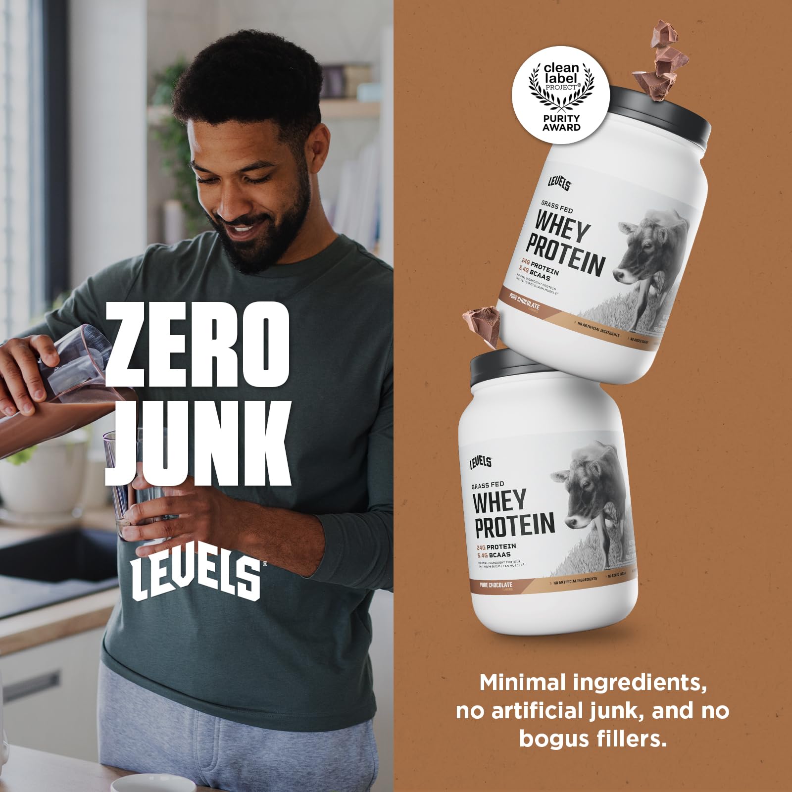 Levels Grass Fed Whey Protein Powder, No Artificials, 24G of Protein, Pure Chocolate, 2LB - Medaid International