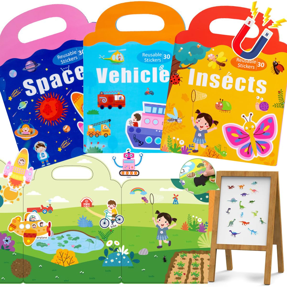 KASTWAVE Sticker Book for Kids, 3 Pack Reusable Sticker Books for Toddlers, Magnetic Sticker Books for Toddlers Static Toys Ocean Animals Dinosaur Stickers Books for 1-6 Years Educational Toys
