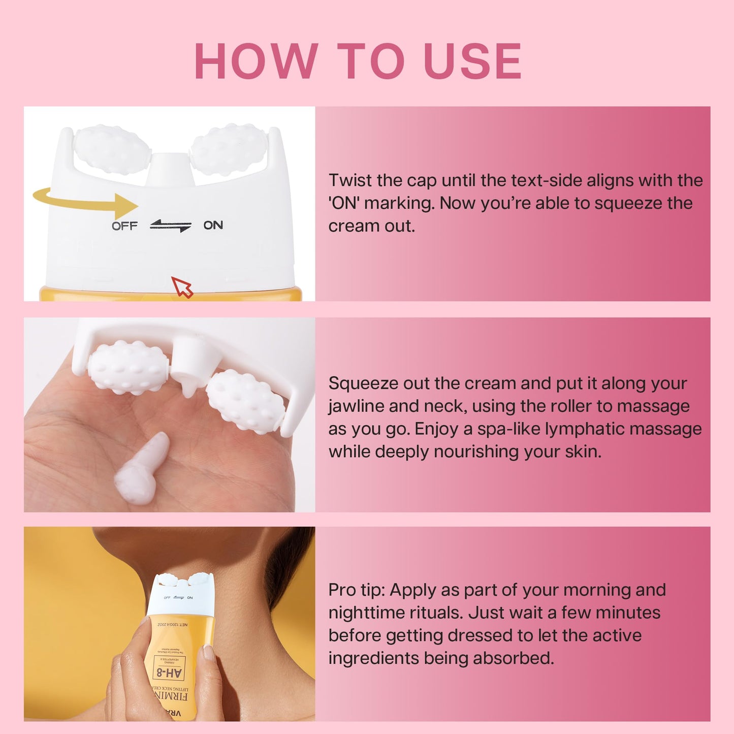 VRAIKO AH-8 Neck Firming Cream, 2-In-1 Gua Sha Neck Cream Roller with AH8 & Ceramide NP, Nourish Hydrate Double Chin Cream for Face Lift, Jawline & Sagging Skin (1PC) - Medaid International