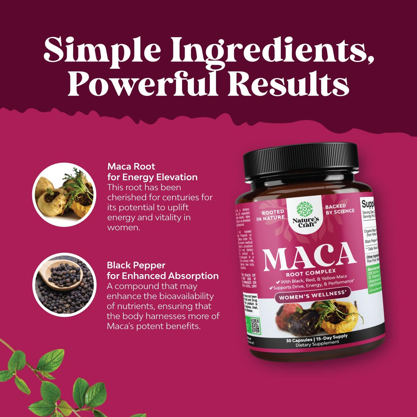 Organic Maca Root Capsules for Women - Potent Herbal Supplement with Female Enhancing Blend of Red Yellow & Black Maca Root - Non-GMO Certified Vegan and Gluten-Free with No Artificial Colors 30 Caps - Medaid International