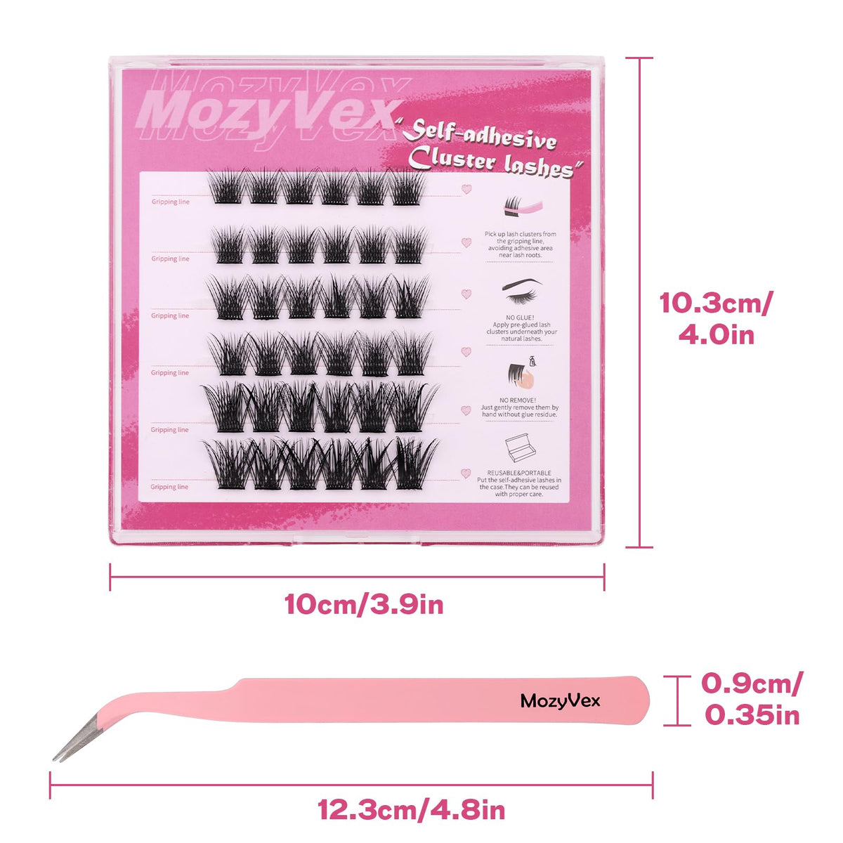 36pcs Self Adhesive Lash Clusters Reusable DIY Eyelash Extensions - D Curl 10-16mm Pre-Glued Lash Clusters No Glue Needed, Includes Tweezers for 1-STEP Easy Application