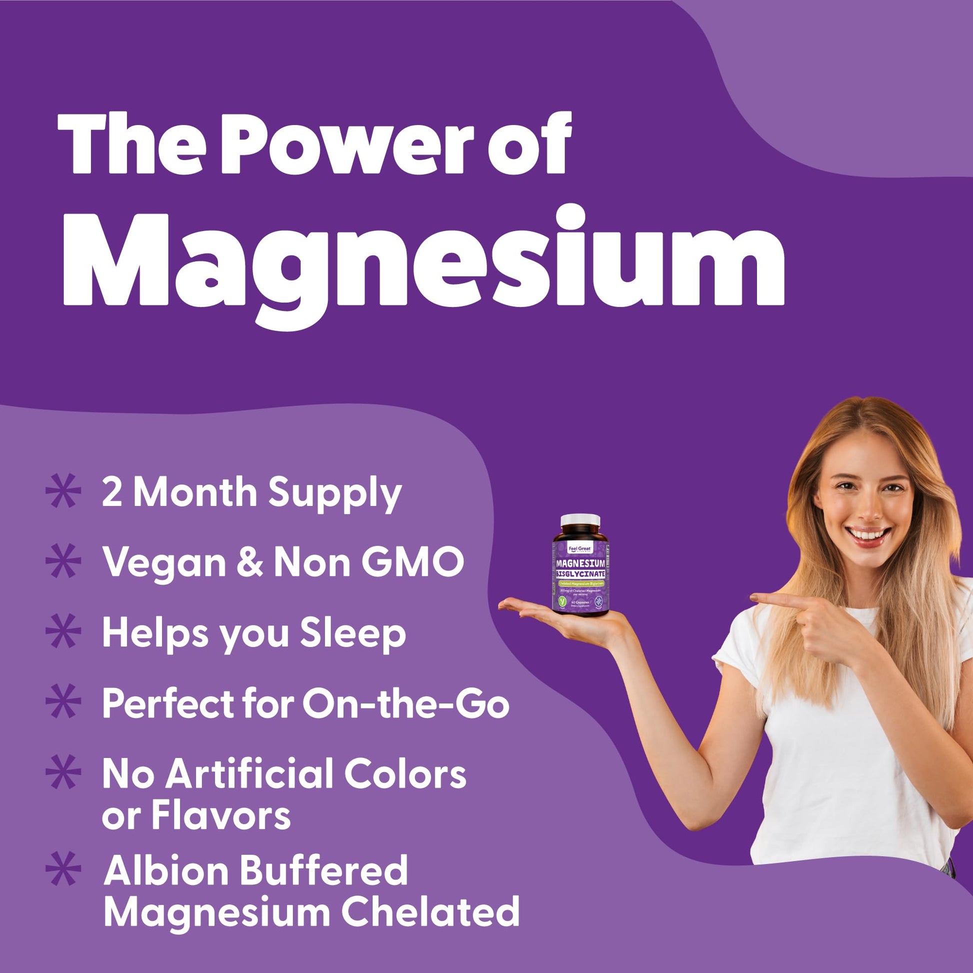 Feel Great Magnesium Bisglycinate – High Absorption, Buffered & Chelated Magnesium for Muscle, Bone & Joint Support – 60 Easy-to-Swallow Vegan Capsules - Medaid International