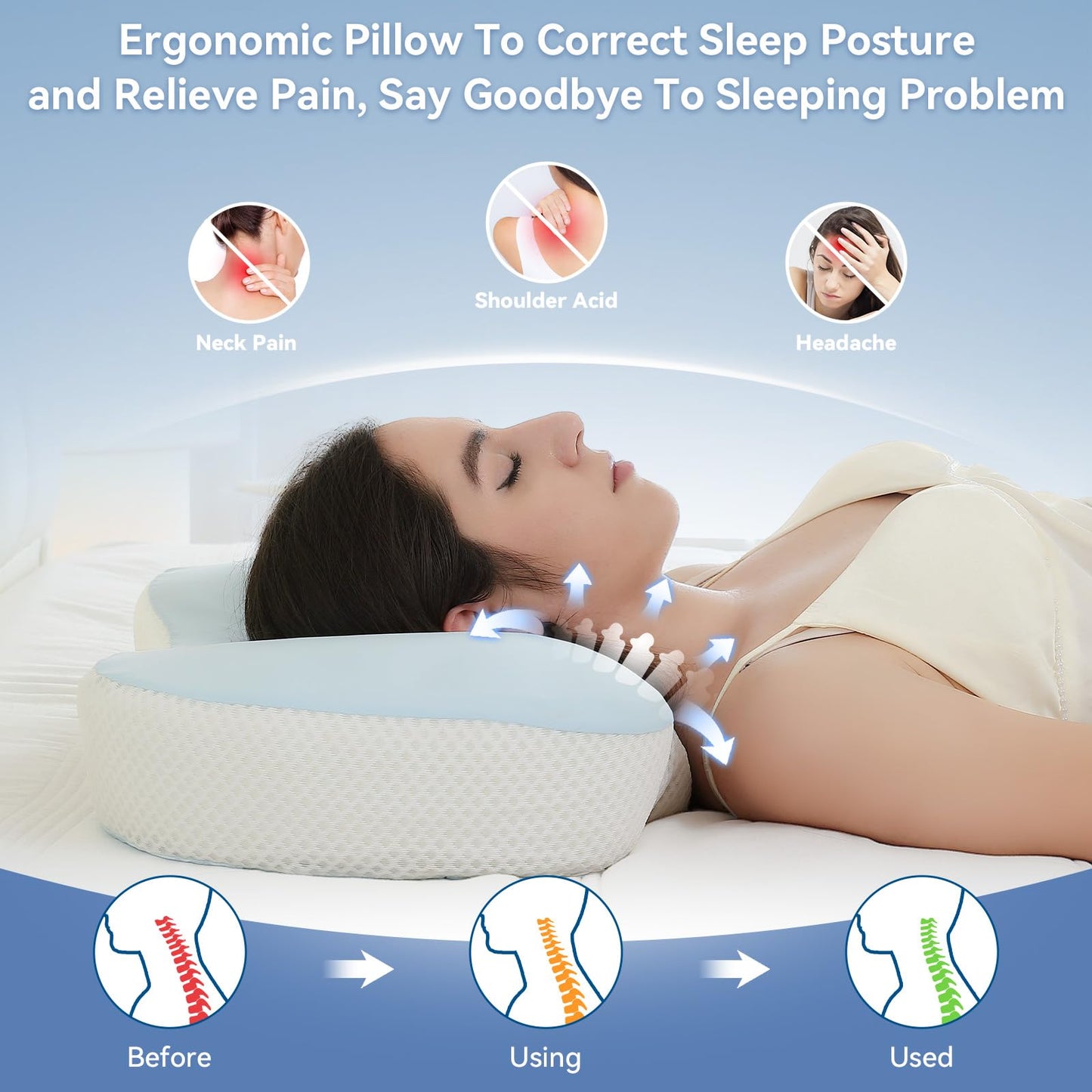 Zmarthumb Cervical Pillow for Neck and Shoulder Support, Memory Foam Ergonomic Contour Orthopedic Bed Pillows with Adjustable Height & Breathable Pillowcase for Side, Back, Stomach Sleepers(Blue) - Medaid International