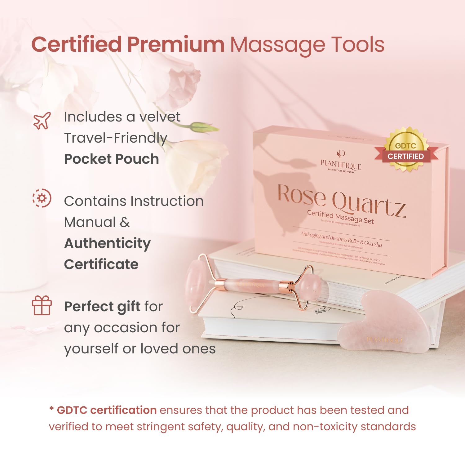 PLANTIFIQUE Face Roller and Gua Sha Rose Quartz Certified | Gifts | Guasha Tool for Face | Jawline Shaper | Your Skin Care Routine - Medaid International