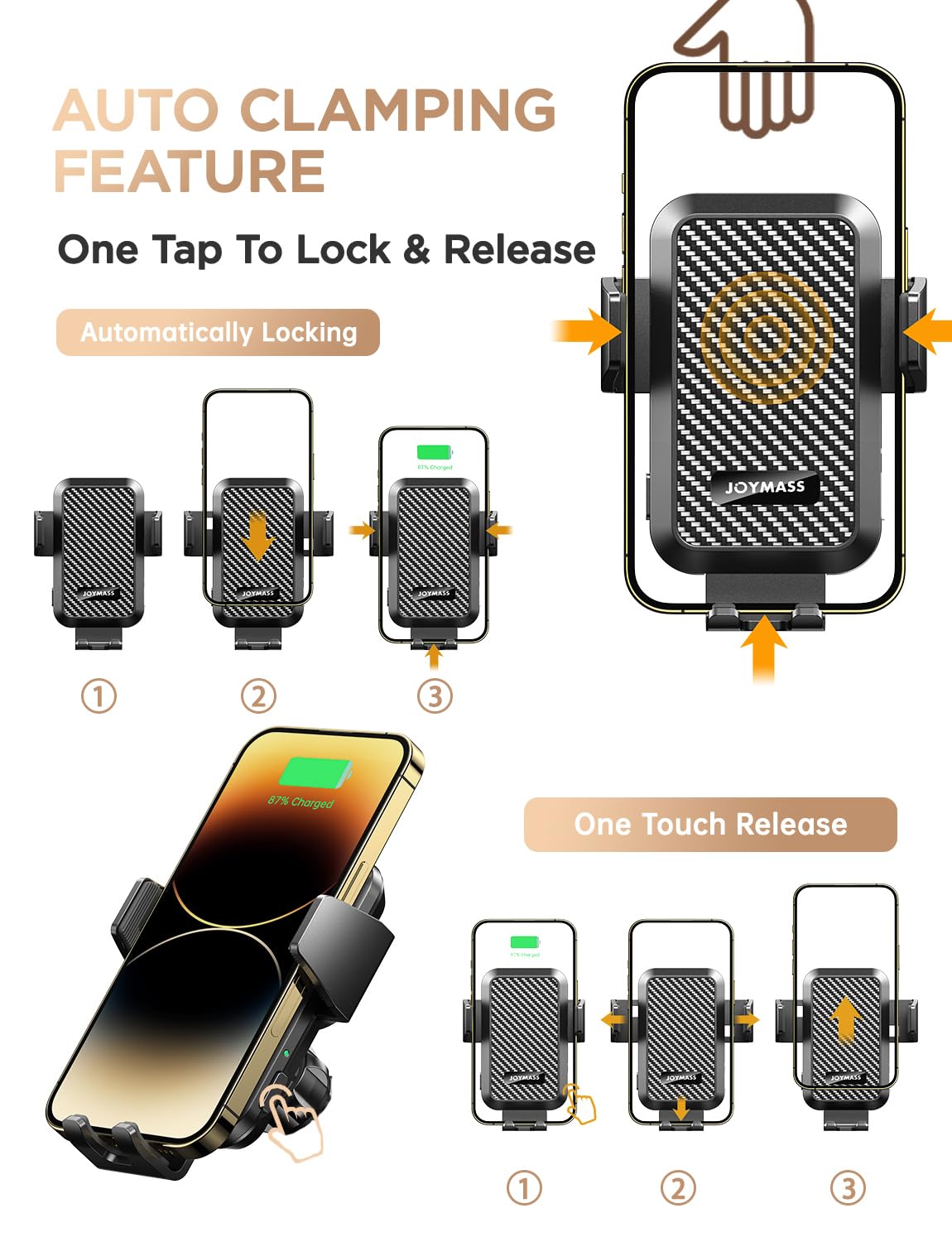 JOYMASS Wireless Car Charger, Phone Holders for Your Car, 15W Auto Clamping Phone Mount Car Accessories for iPhone 16 15 14 13 12 Mini Pro Max 11 XR XS, Samsung Galaxy S24 Ultra S23 S22+ Note 20, etc - Medaid International