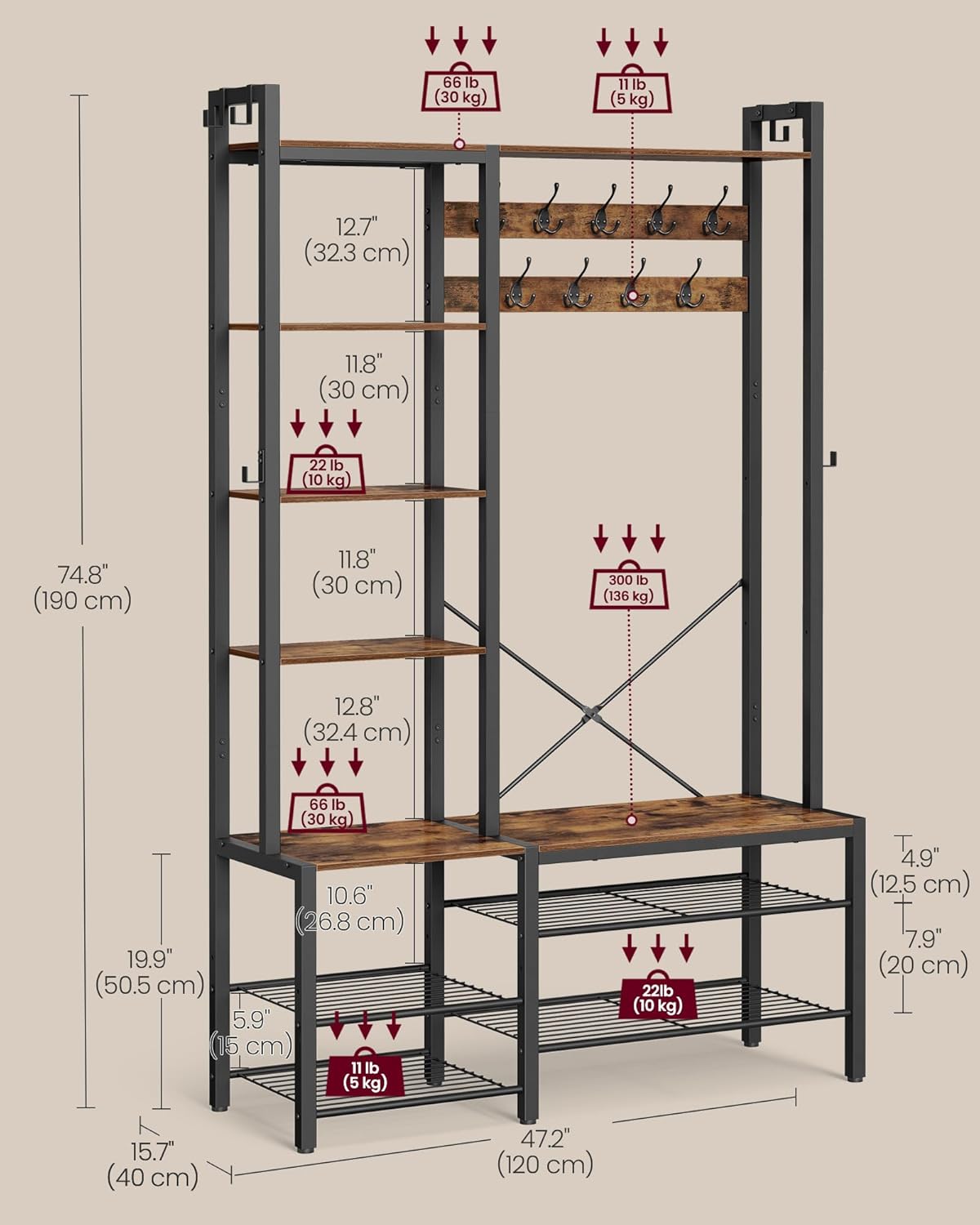 VASAGLE Hall Tree with Bench and Shoe Storage HSR426B01